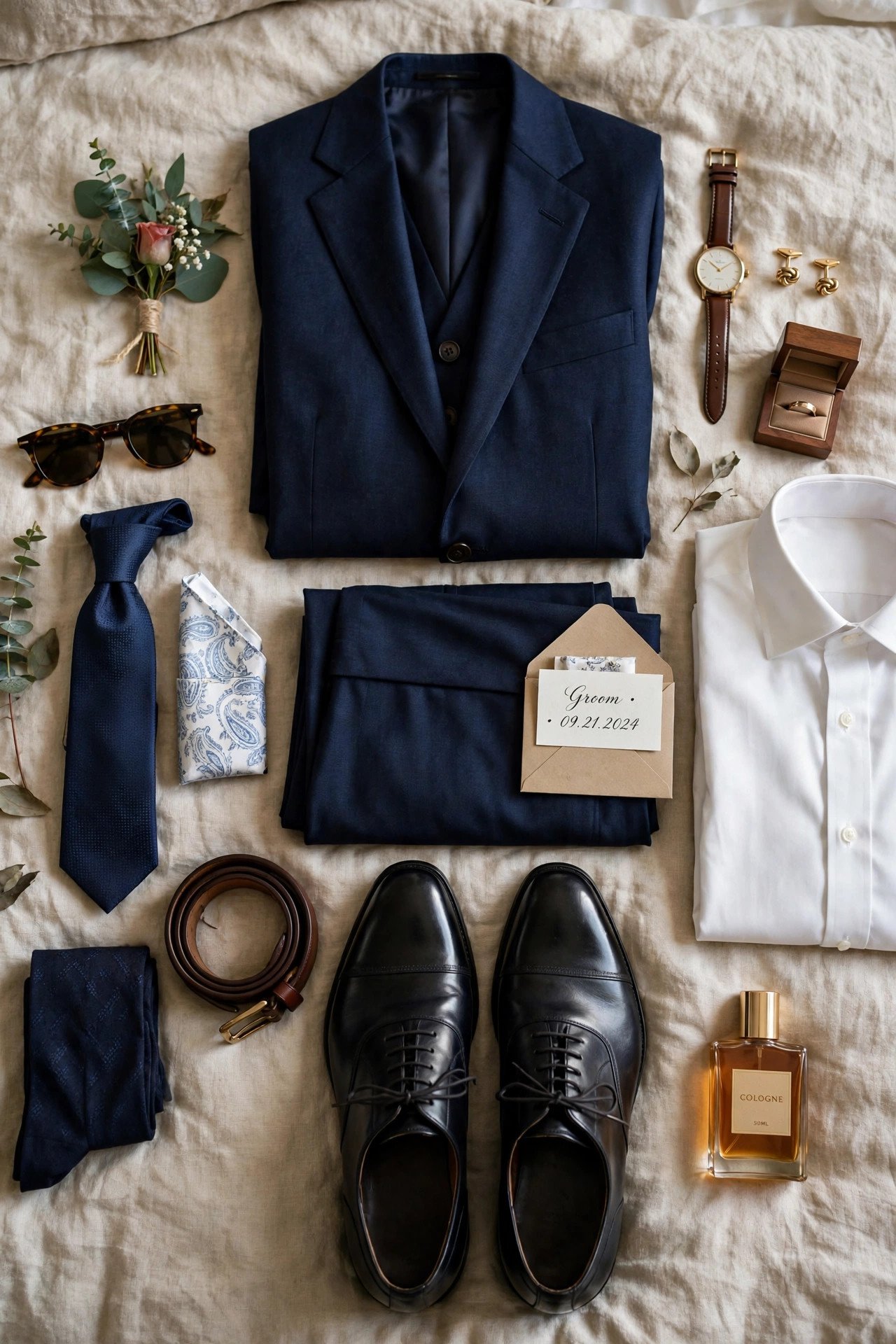 Groom's suit, shoes, and accessories laid out on bed
