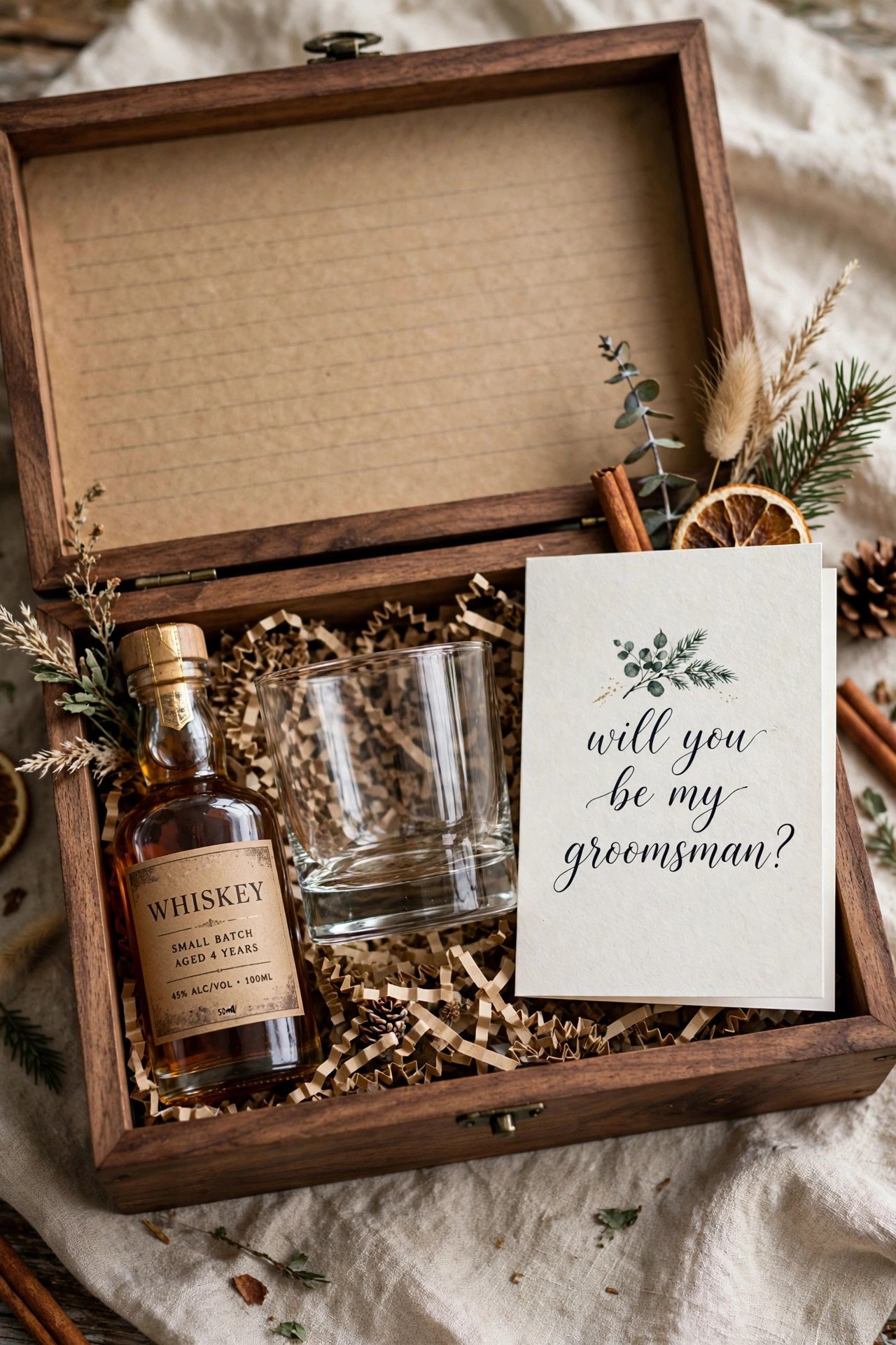 Whiskey proposal box with mini bottle, glass, and will you be my groomsman card