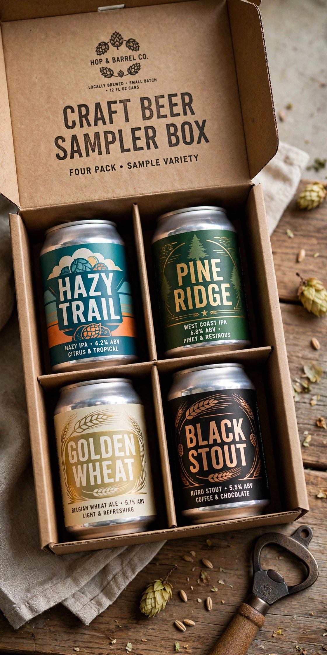 Craft beer sampler box with four cans and opener