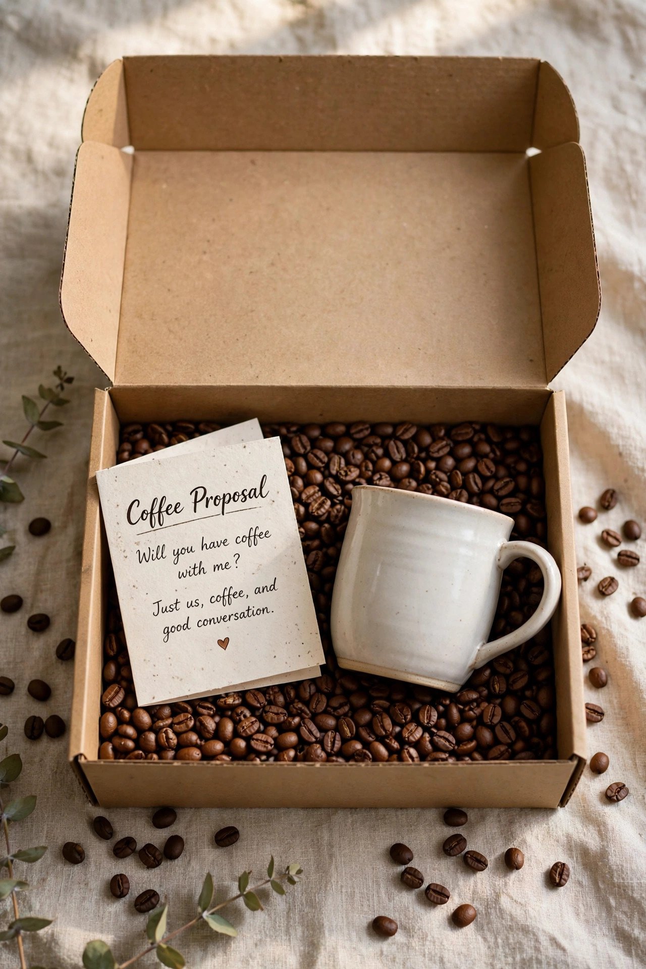 Coffee proposal box with beans, mug, and card
