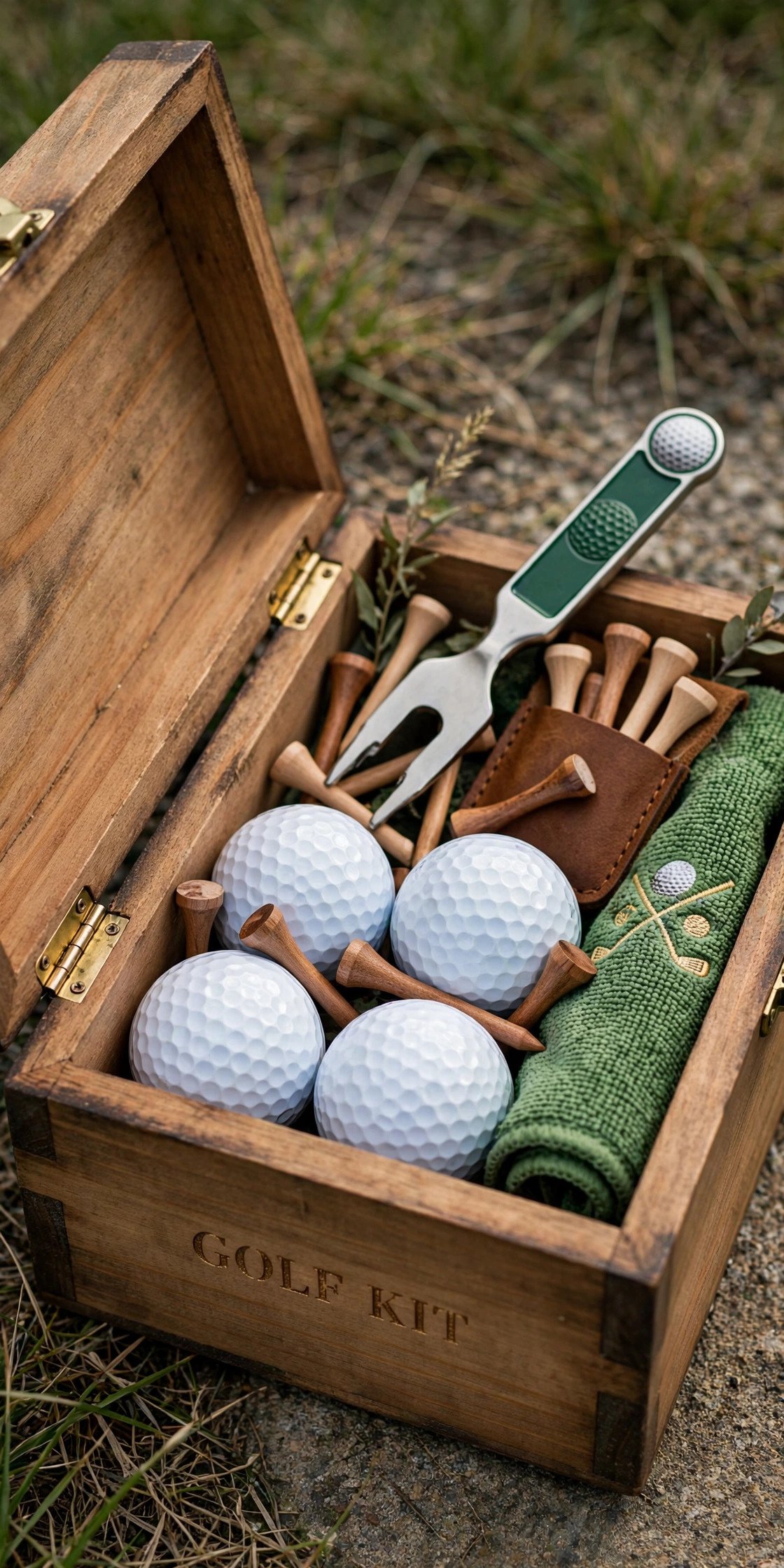 Golf themed box with balls, tees, and divot tool