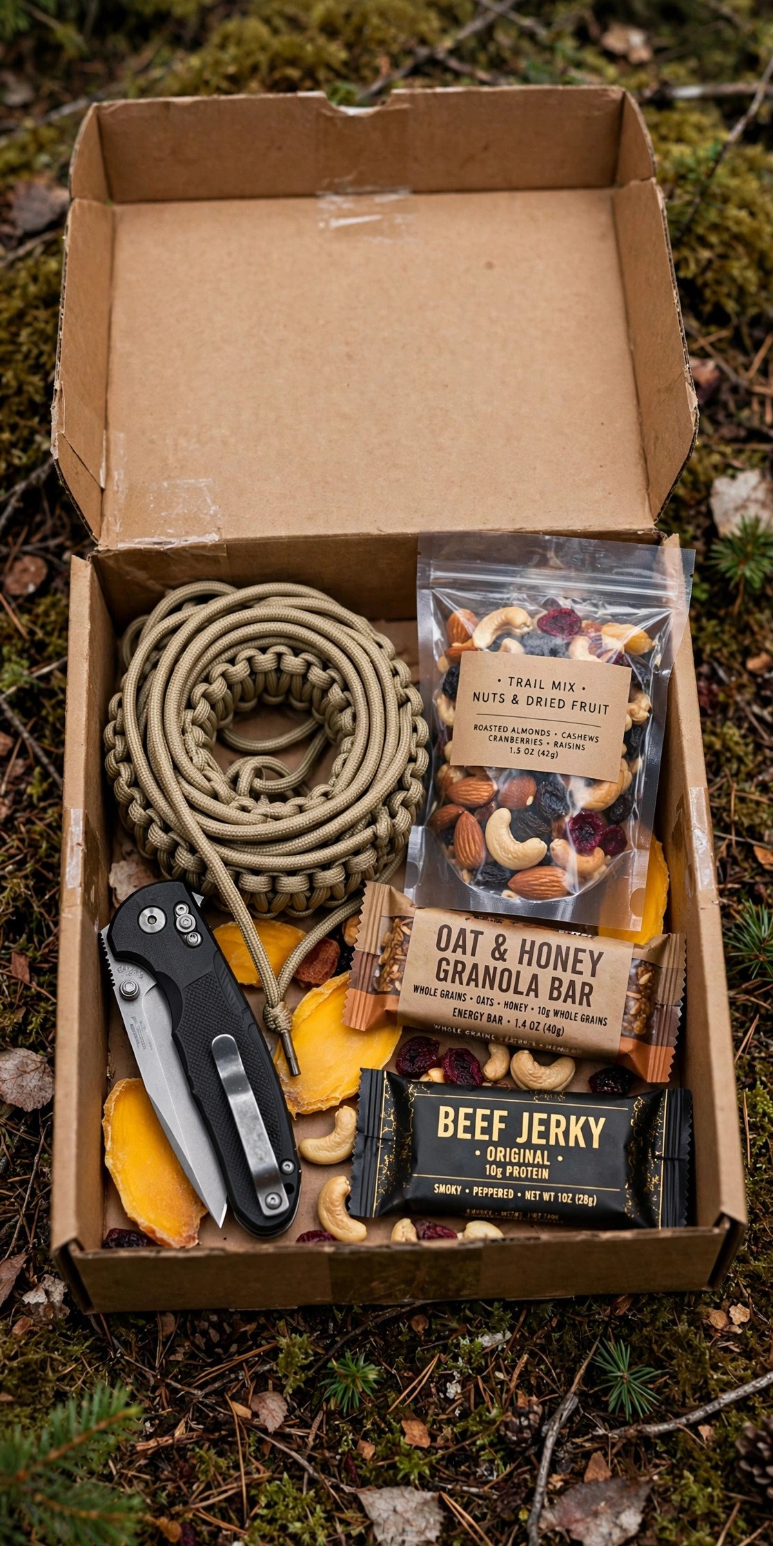 Outdoor adventure box with knife, paracord, and trail snacks