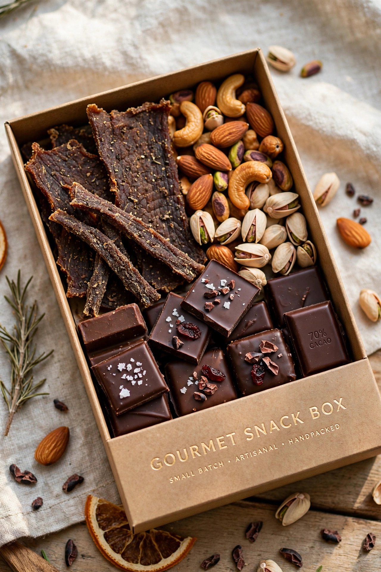 Gourmet snack box with jerky, nuts, and chocolate