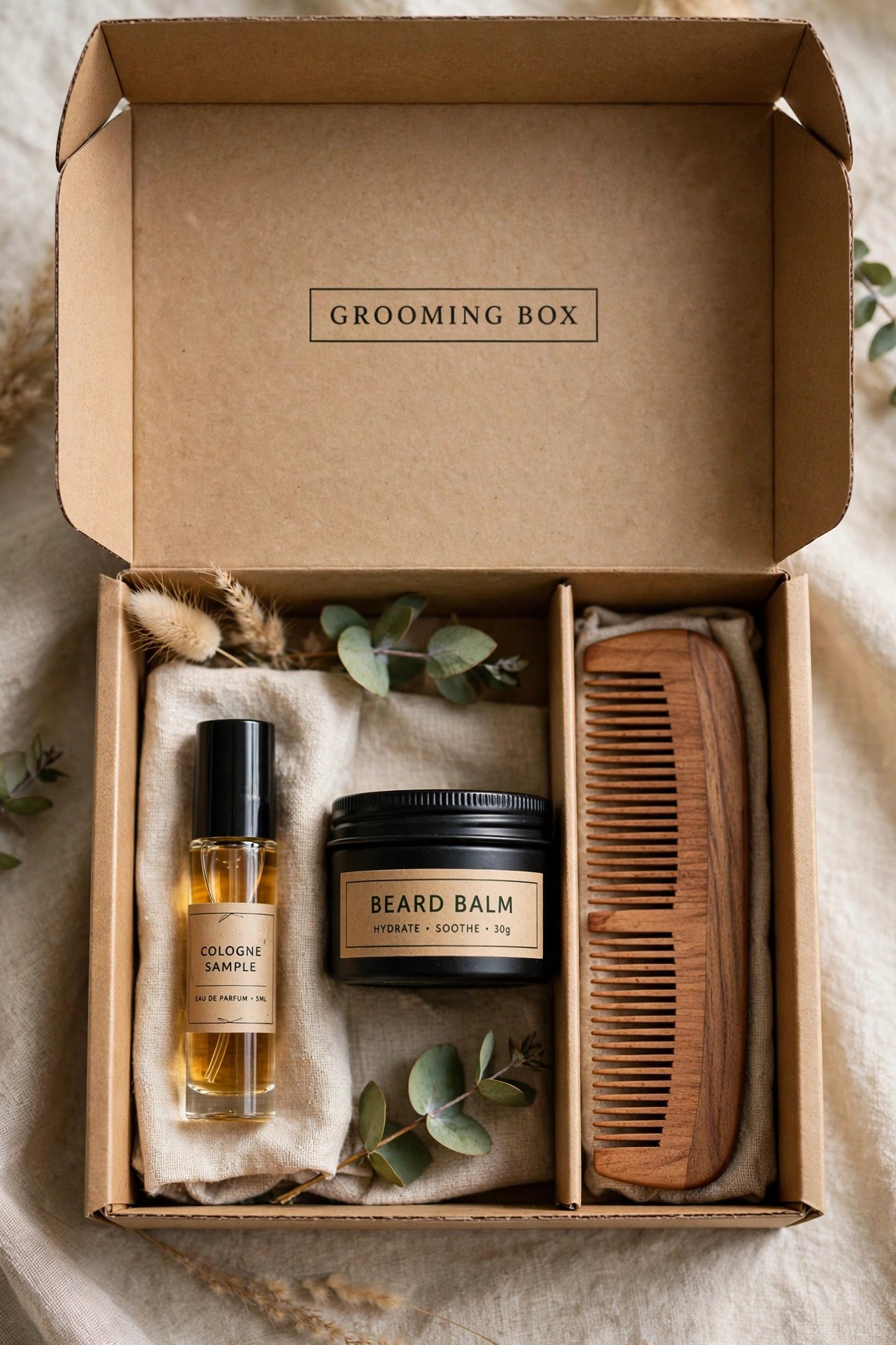 Grooming box with cologne sample, balm, and comb