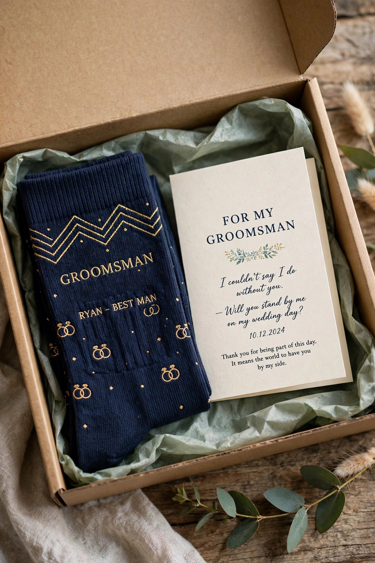 Box with custom groomsmen socks and card