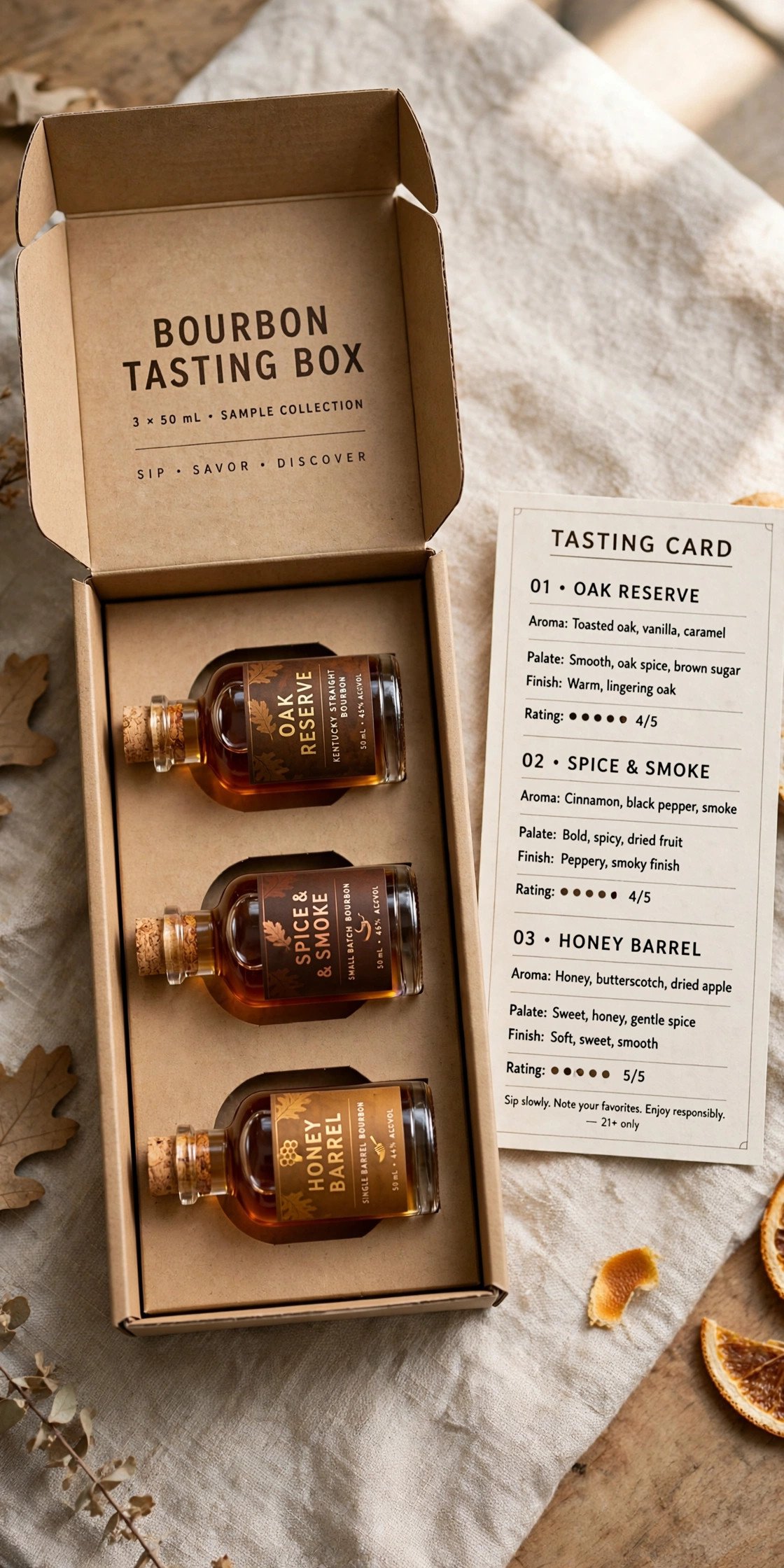 Bourbon tasting box with three minis and tasting card