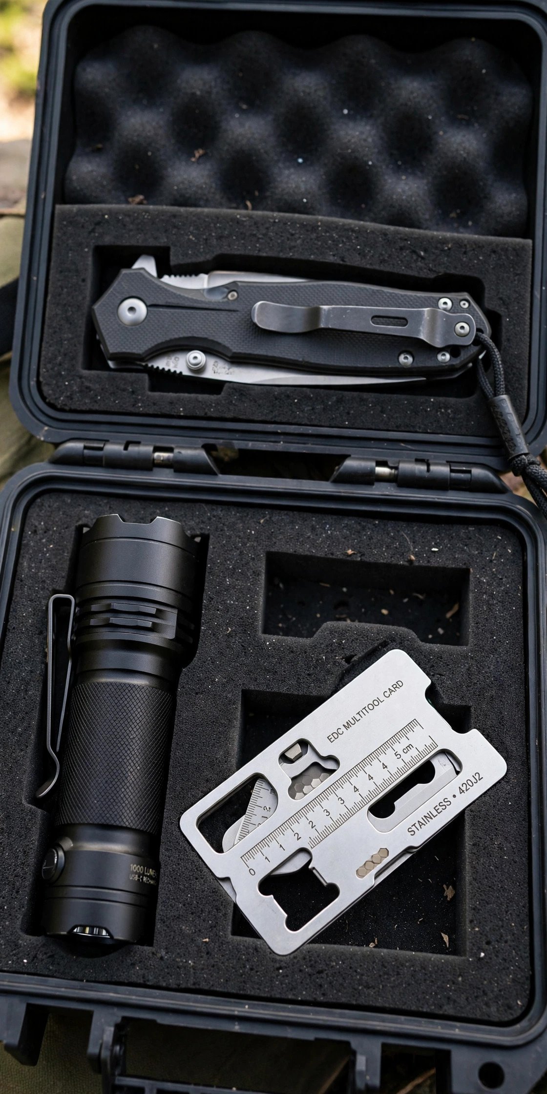 EDC box with pocket knife, flashlight, and card