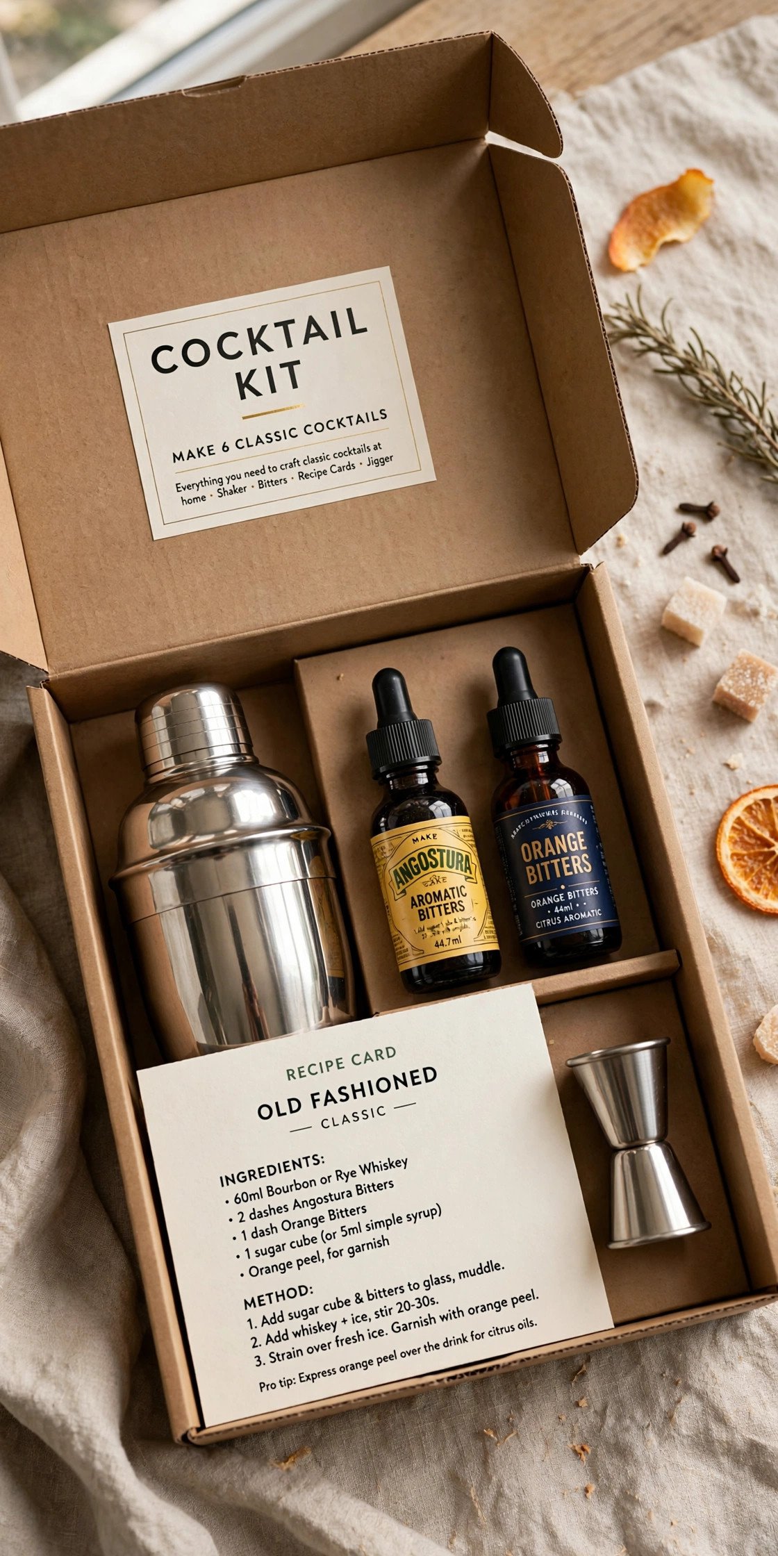 Cocktail kit box with shaker, bitters, and recipe card