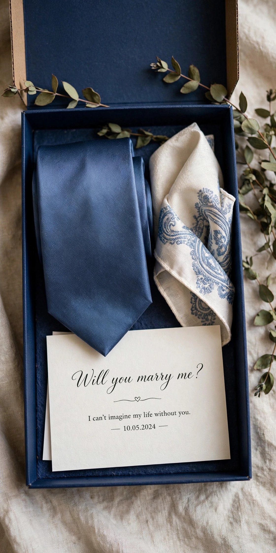 Box with silk tie, pocket square, and proposal card