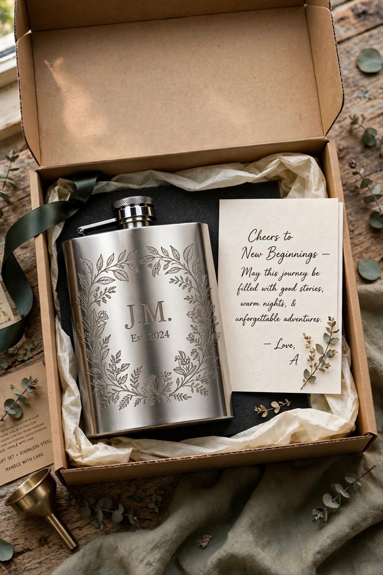 Flask gift box with engraved flask and card