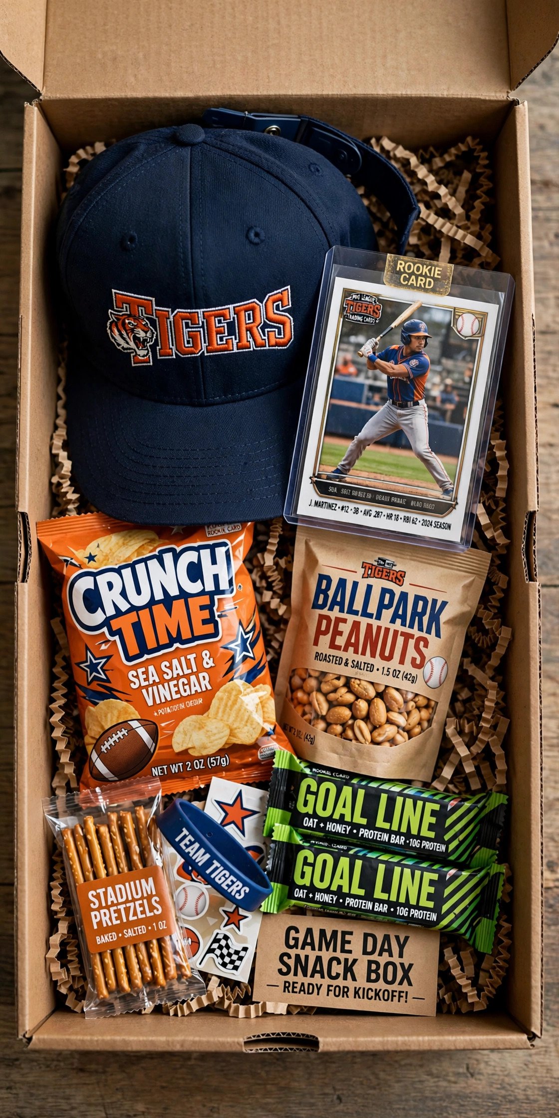 Sports themed box with team cap, snacks, and card