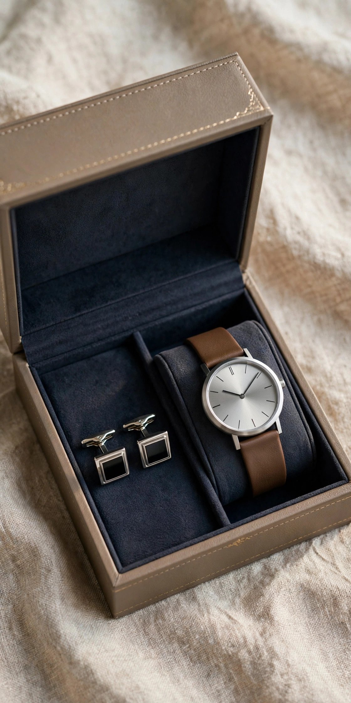 Elegant box with minimalist watch and cufflinks