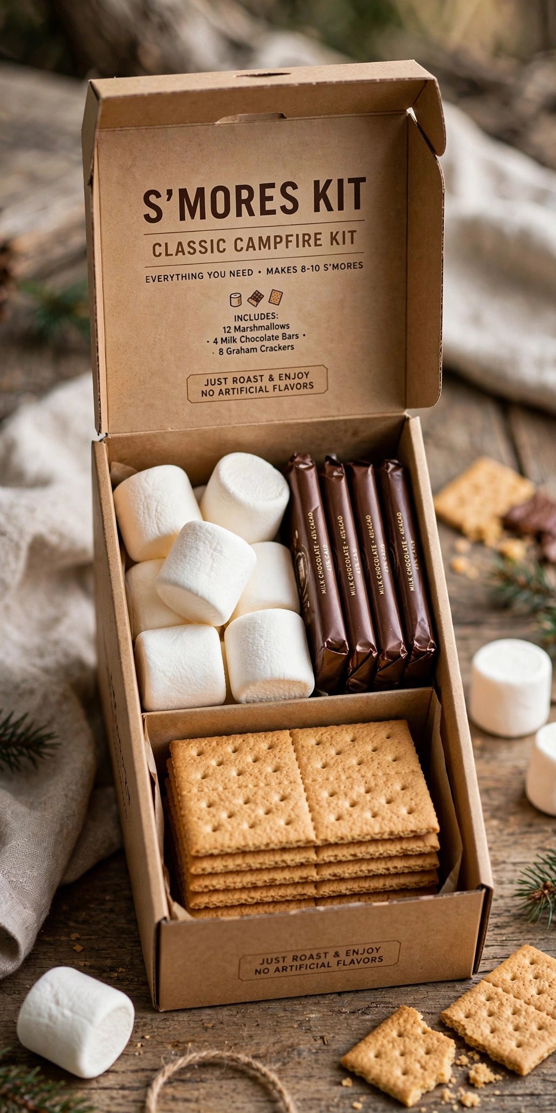 S'mores kit box with marshmallows, chocolate, and graham crackers
