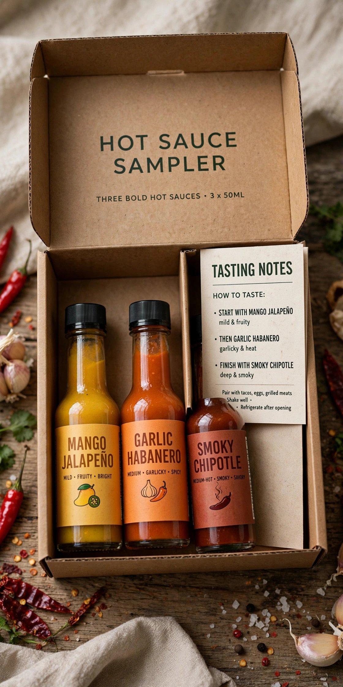 Hot sauce sampler box with three bottles and card