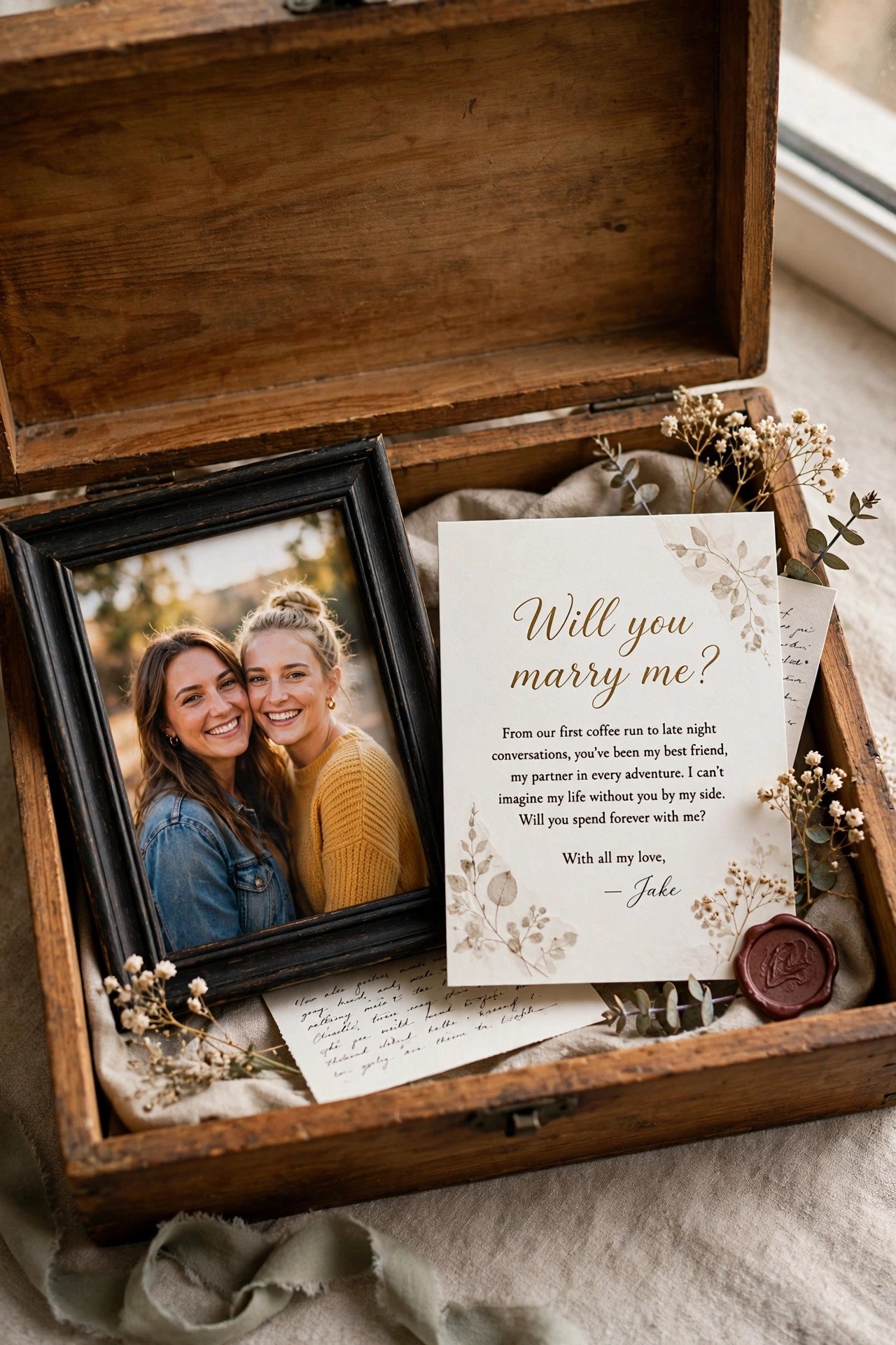 Box with framed friendship photo and proposal card