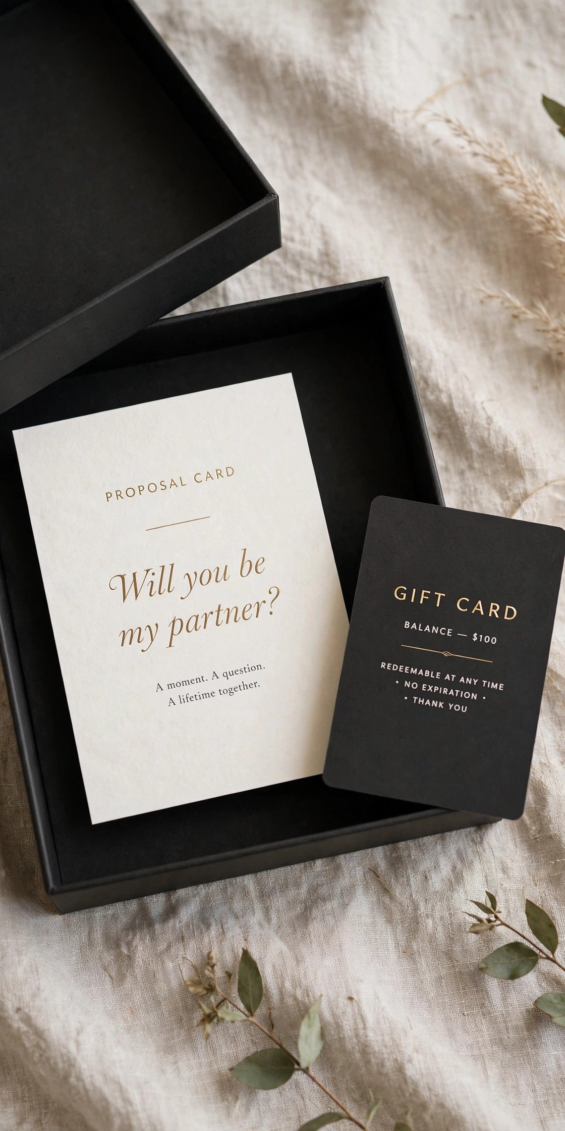 Simple elegant box with proposal card and gift card