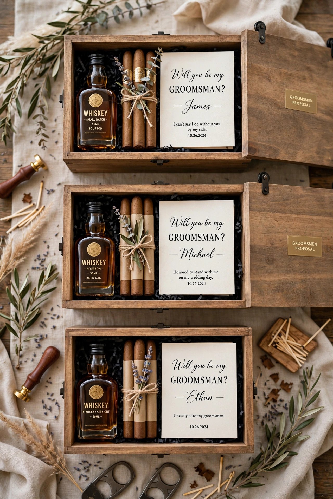 Groomsmen proposal gift boxes with whiskey, cigars, and personalized cards