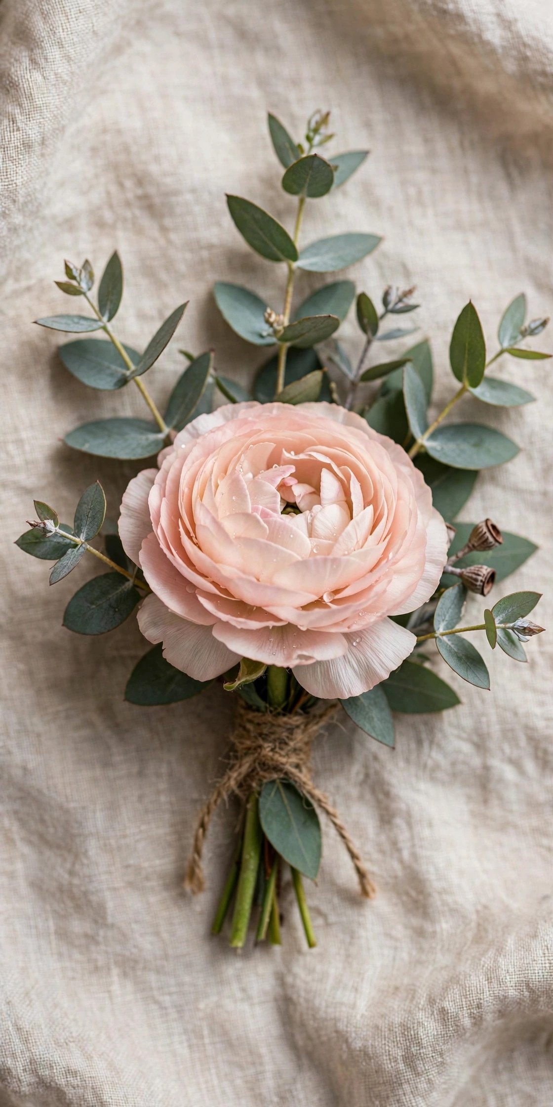 Blush ranunculus boutonniere with eucalyptus