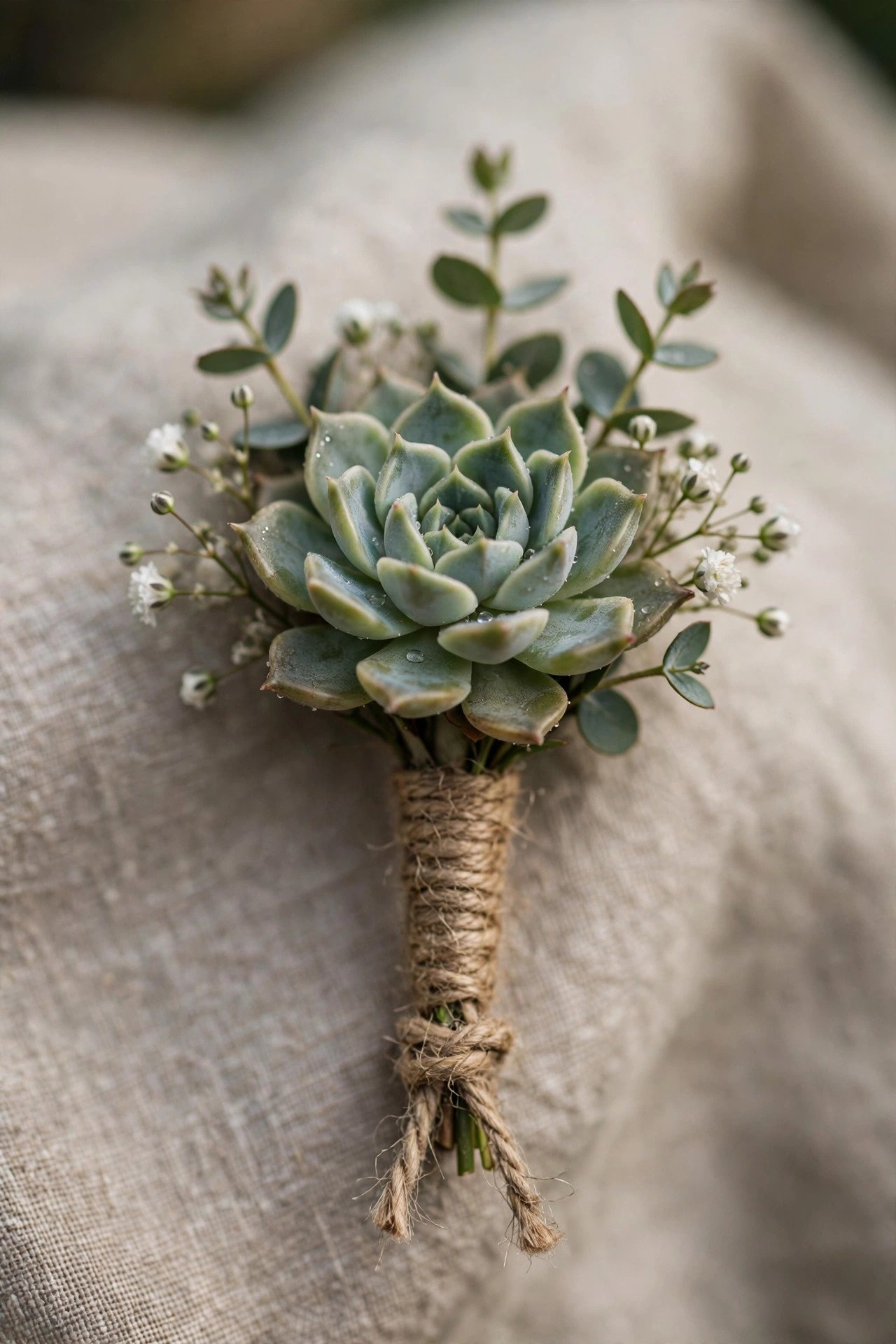 Small succulent boutonniere with twine wrap