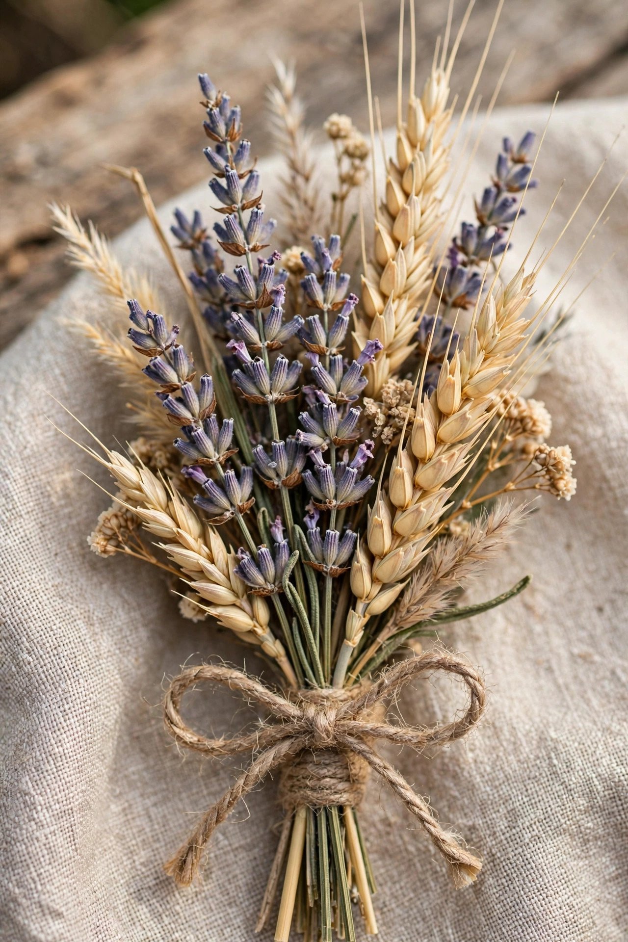 Dried flower boutonniere with lavender and wheat