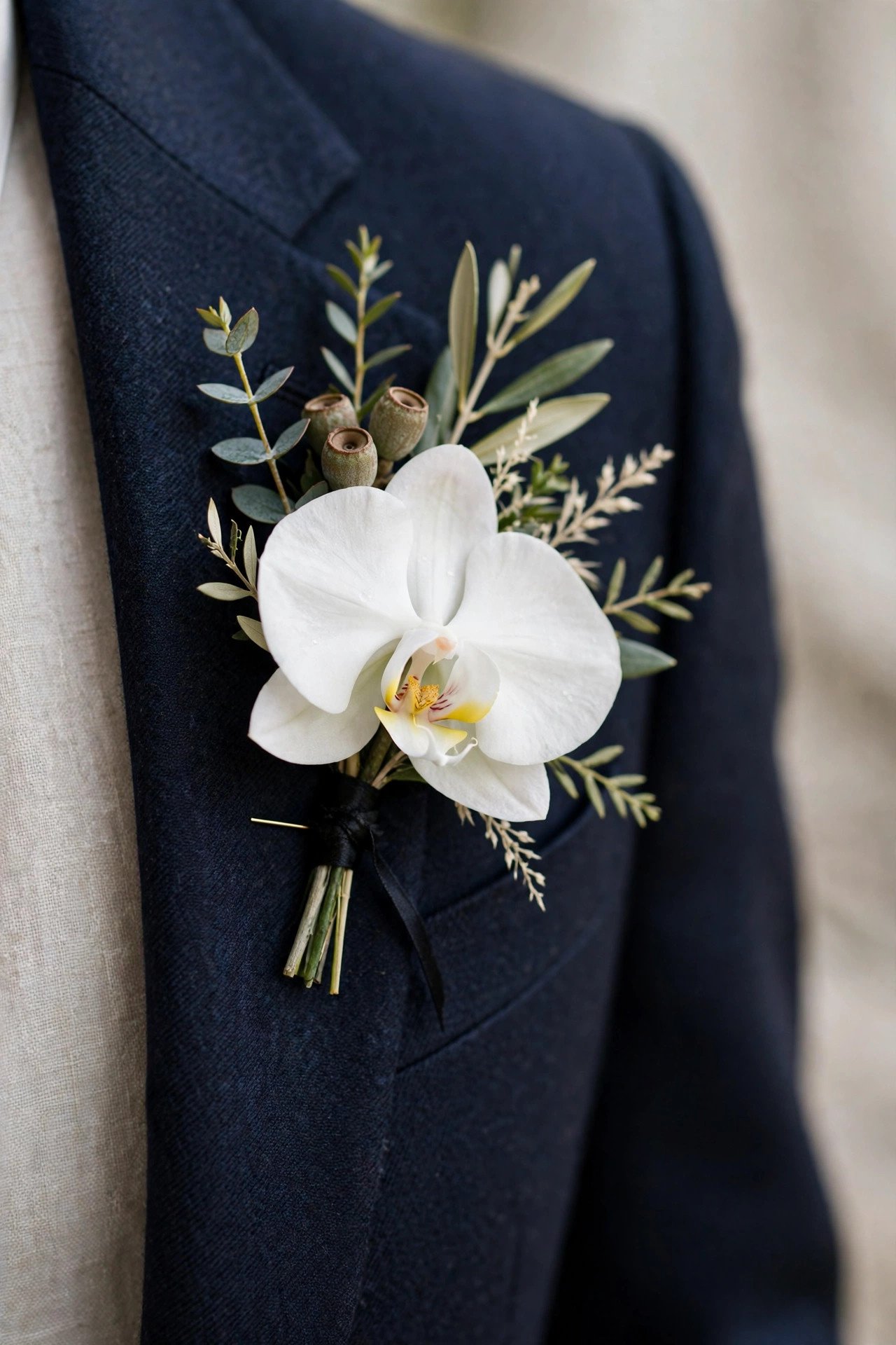 White orchid boutonniere, elegant and modern