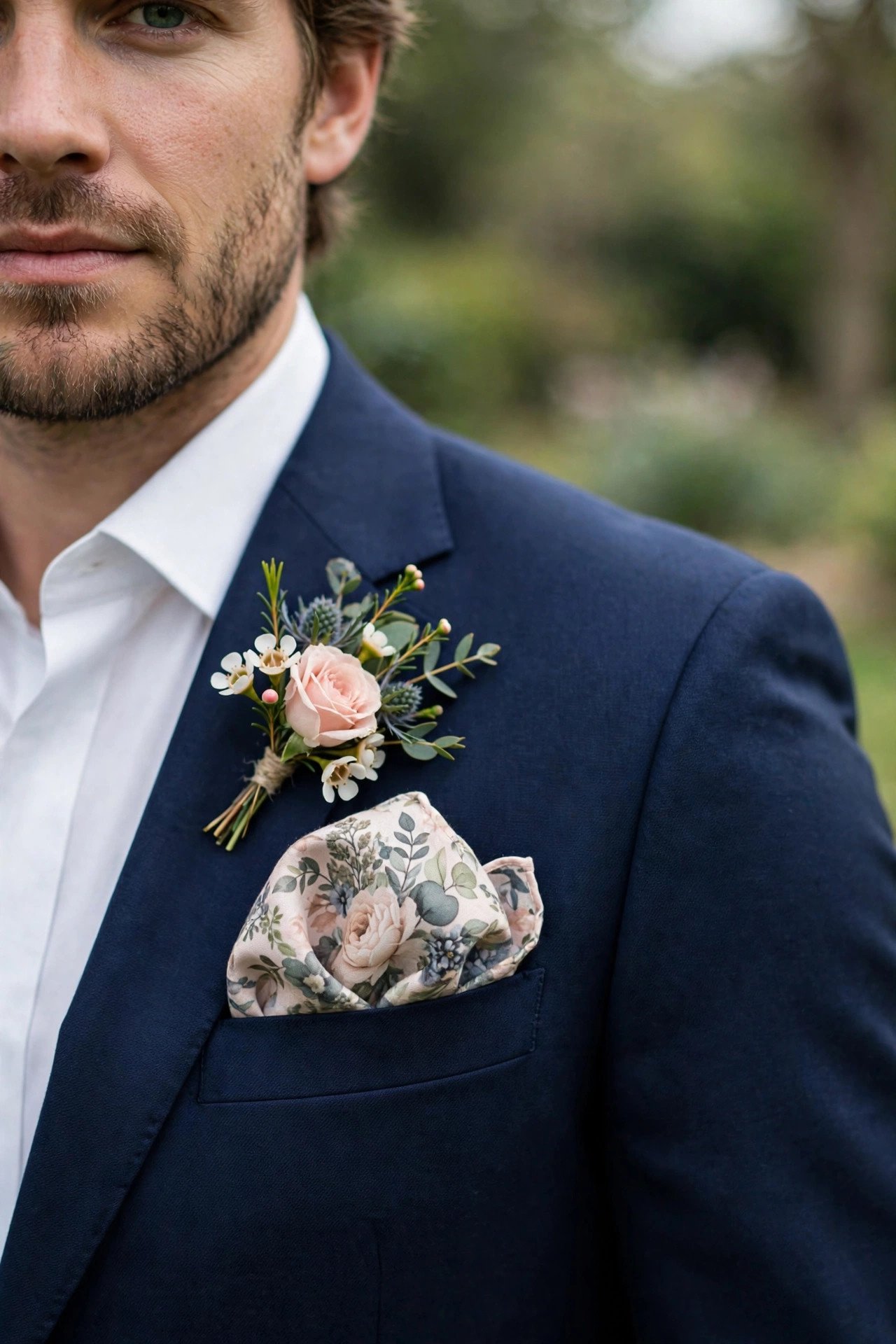 Floral pocket square boutonniere tucked in breast pocket