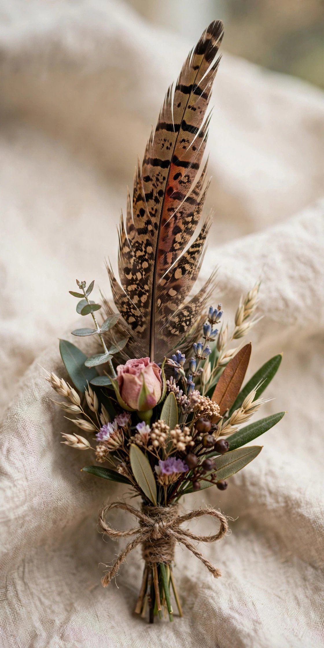 Boutonniere with pheasant feather accent