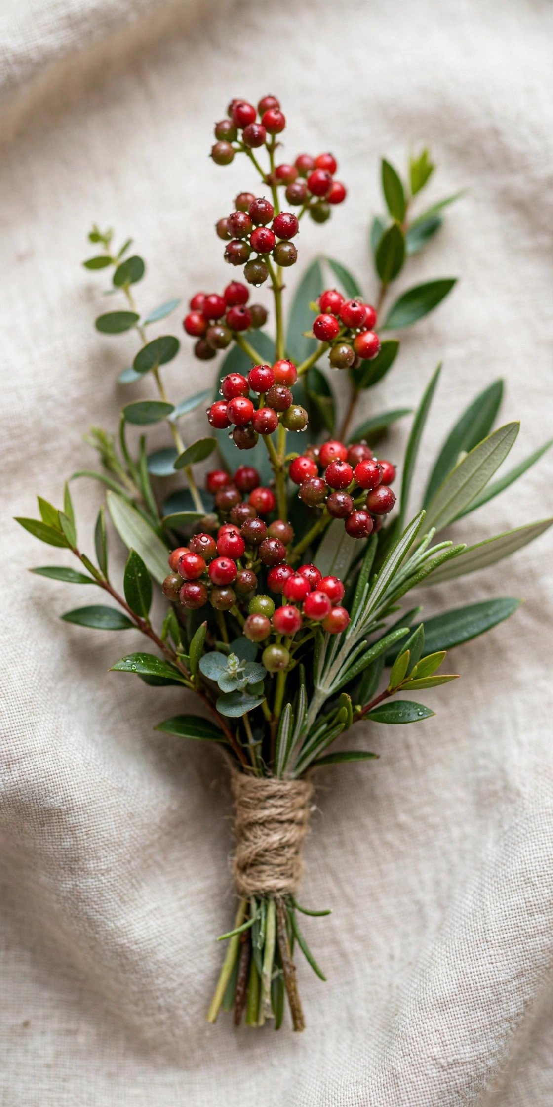 Boutonniere with hypericum berries and greenery