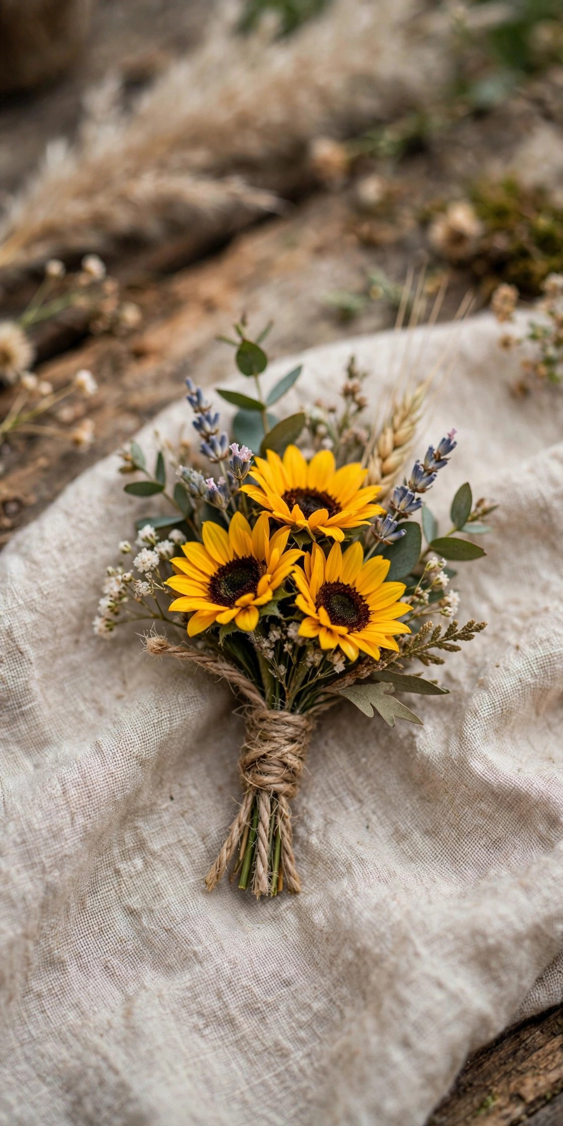 Mini sunflower boutonniere for rustic wedding