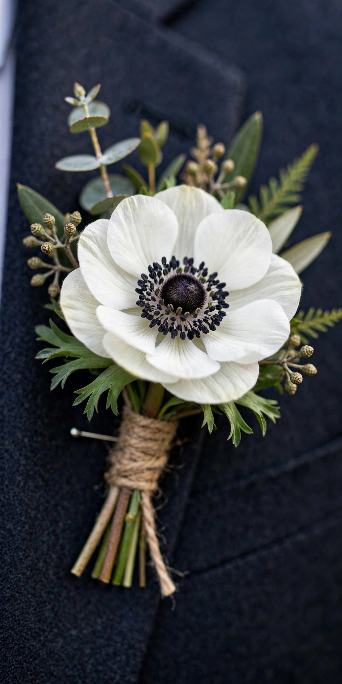 White anemone boutonniere with dark center