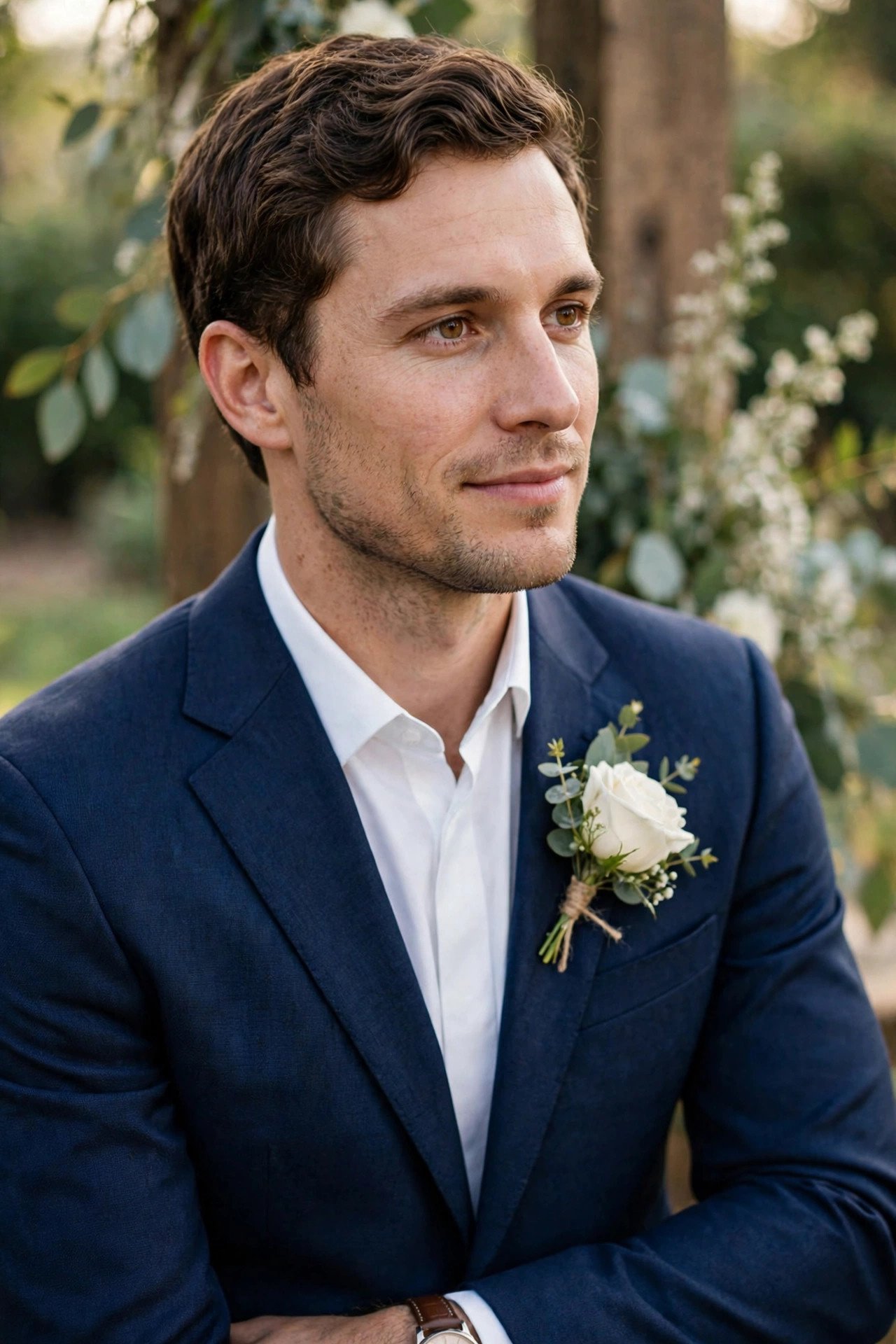 Groom wearing a white rose boutonniere on his lapel