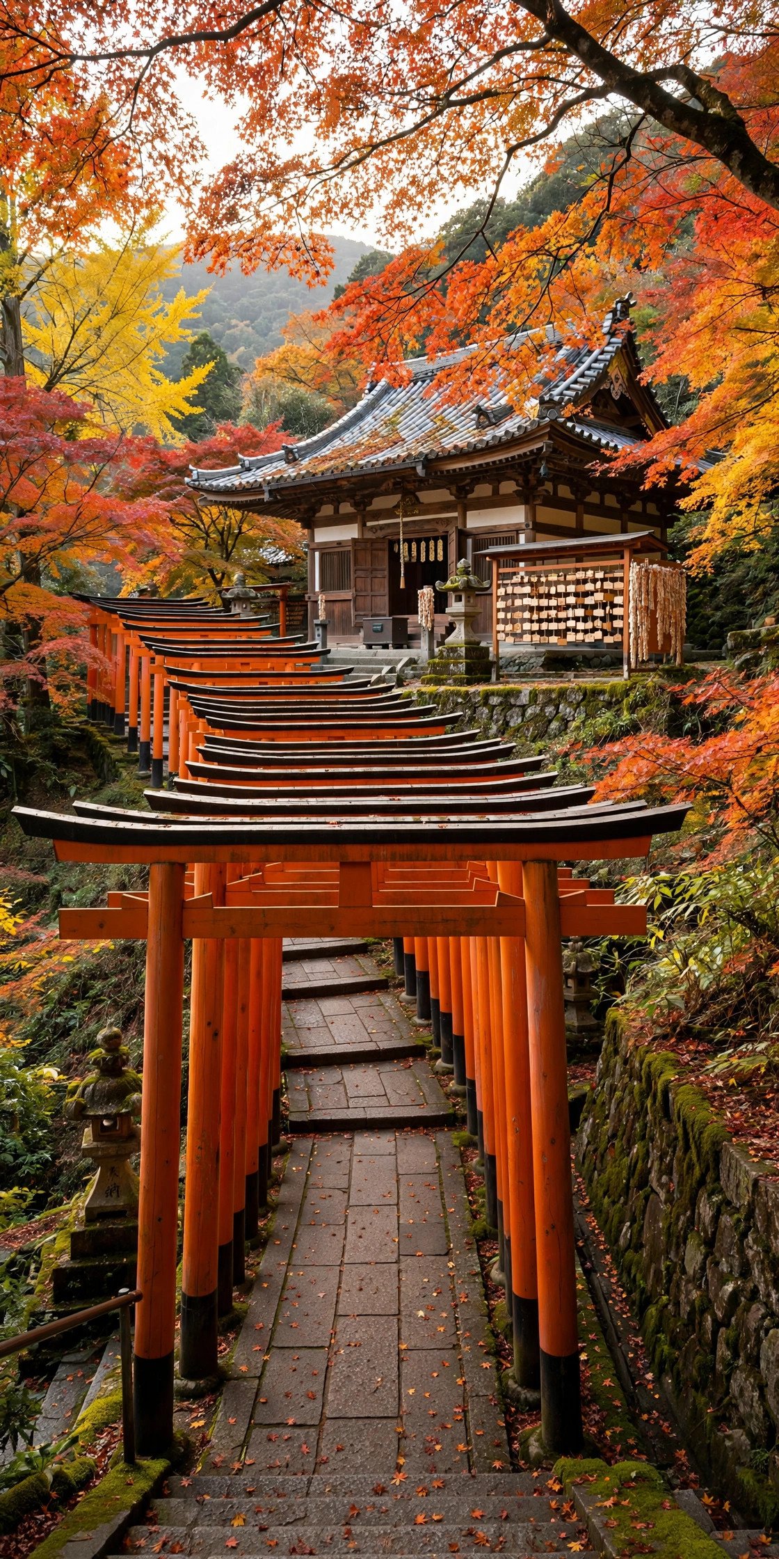Torii gates and temple in Kyoto Japan with fall colors