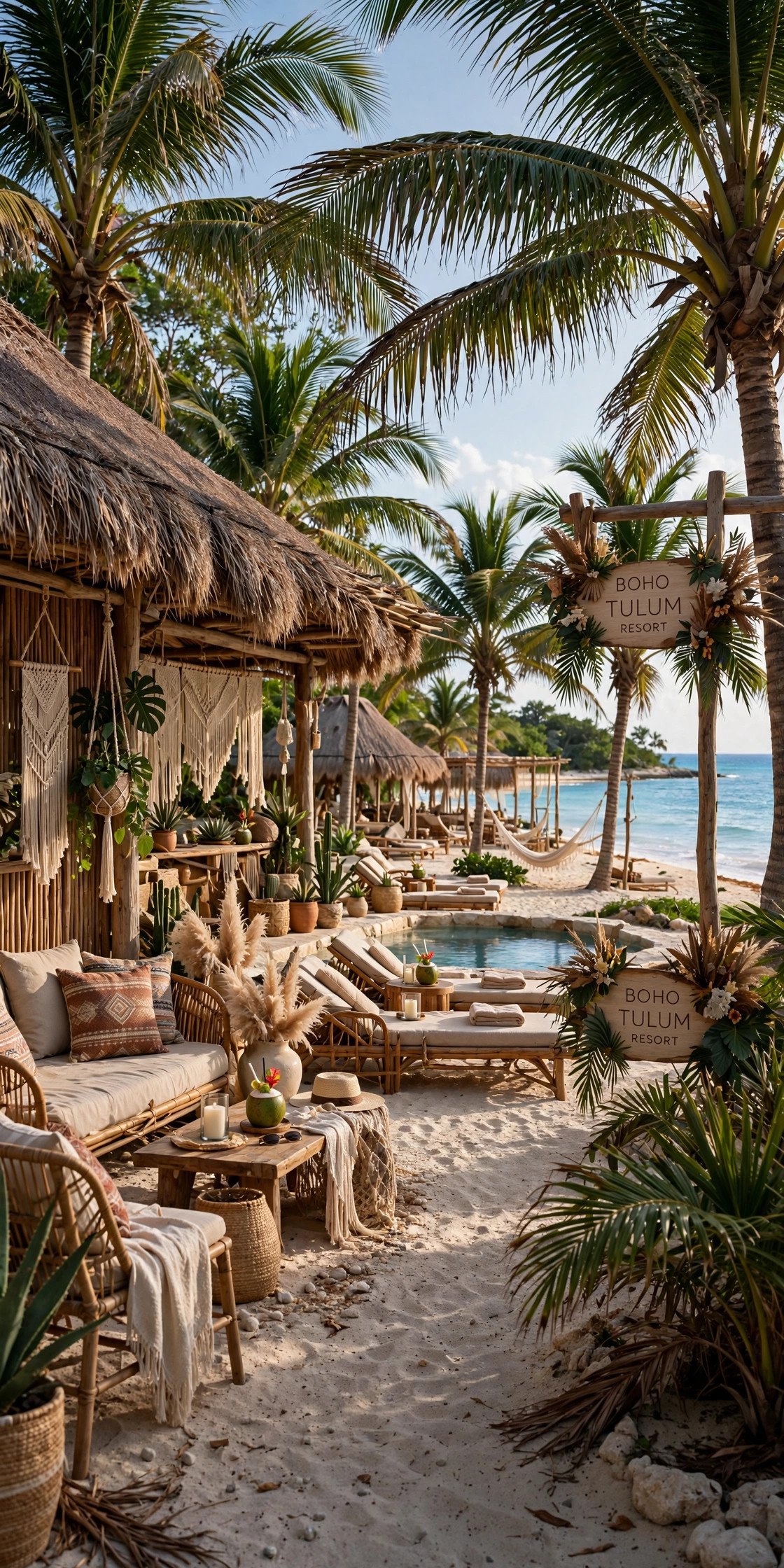 Boho beach resort in Tulum Mexico with palm trees