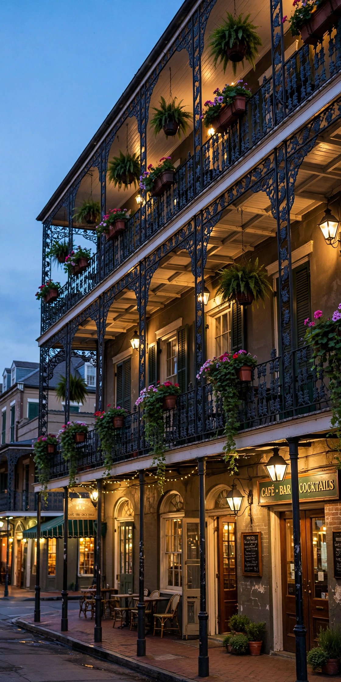 French Quarter balconies in New Orleans at dusk