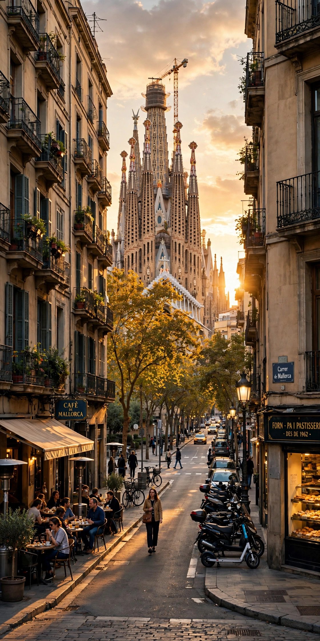 Sagrada Familia and Barcelona streets at golden hour