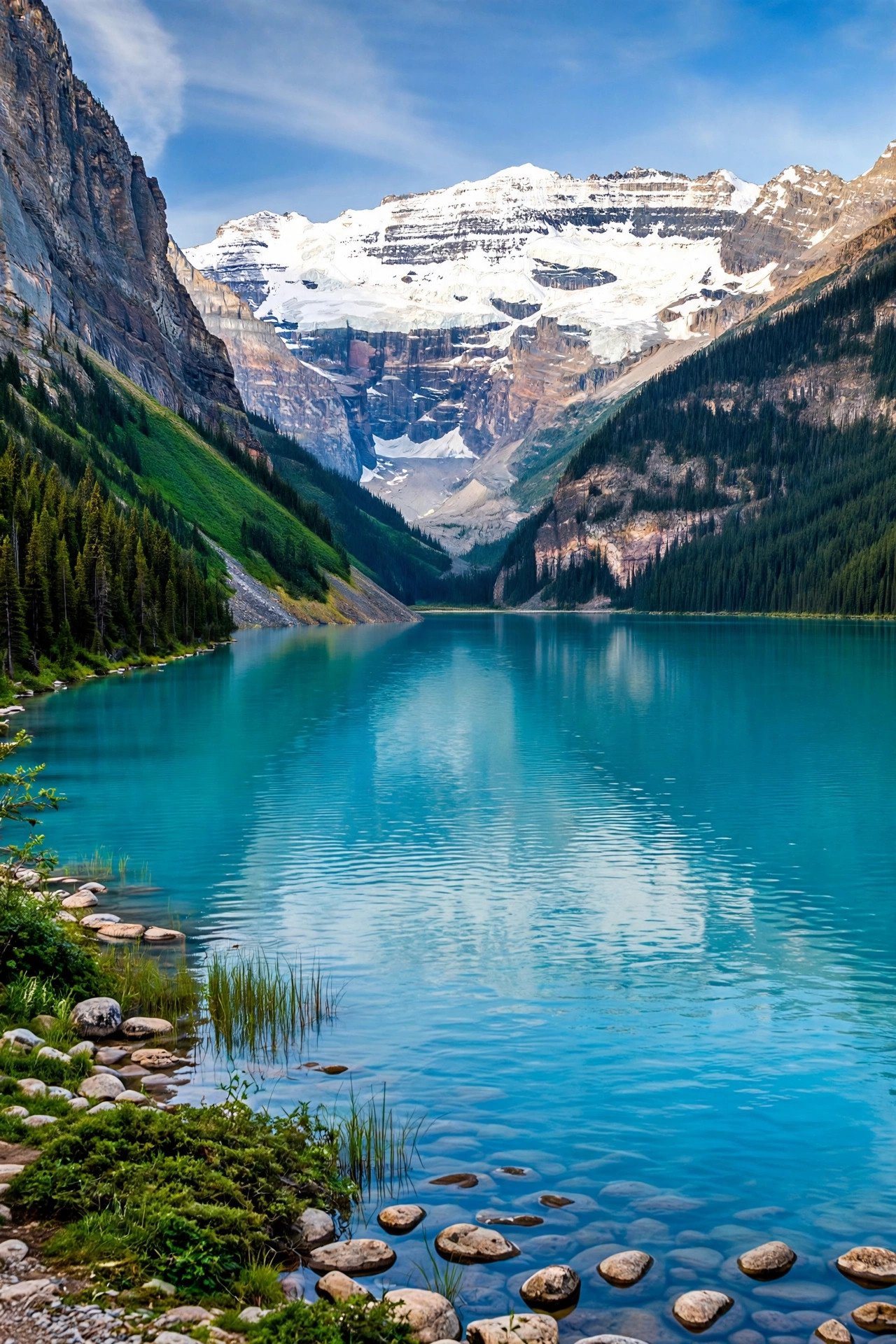 Turquoise Lake Louise in Banff Canada with mountains