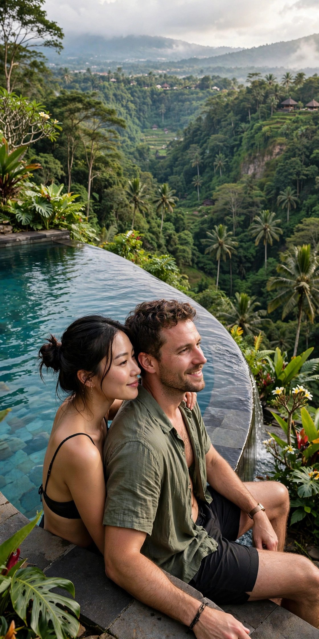 Couple at an infinity pool overlooking Bali jungle