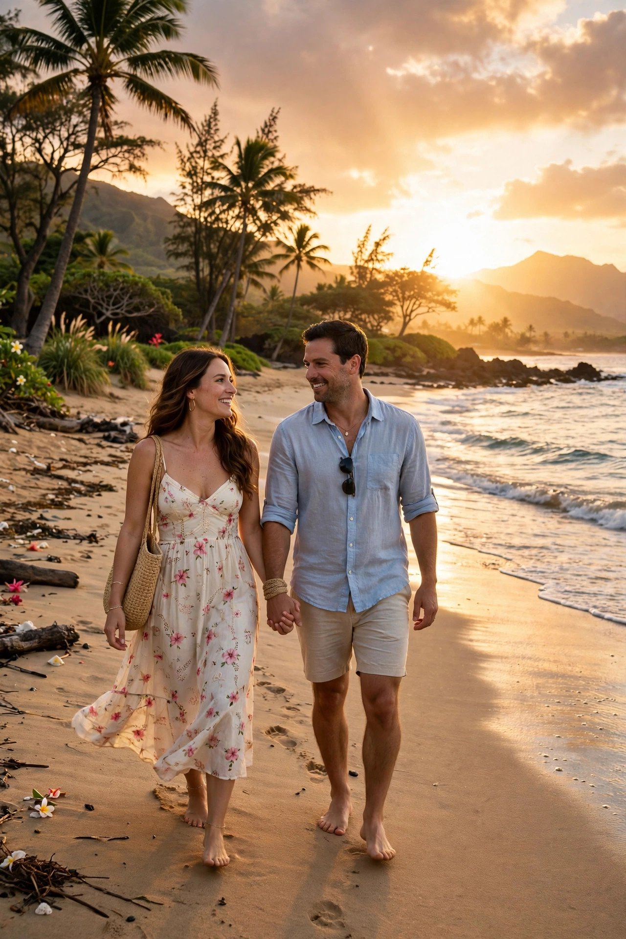Couple walking on a Maui beach at golden hour