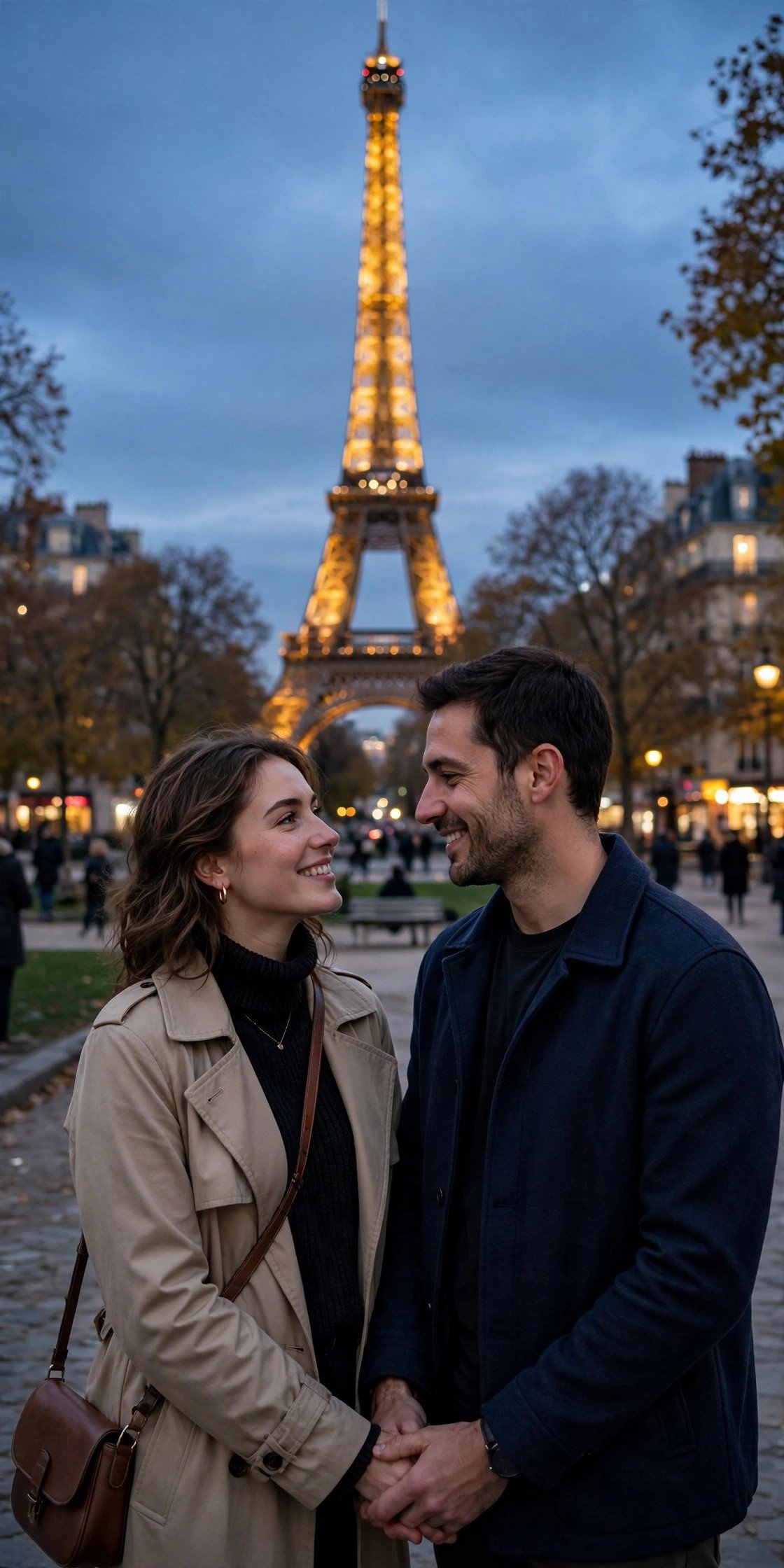 Couple by the Eiffel Tower at dusk in Paris