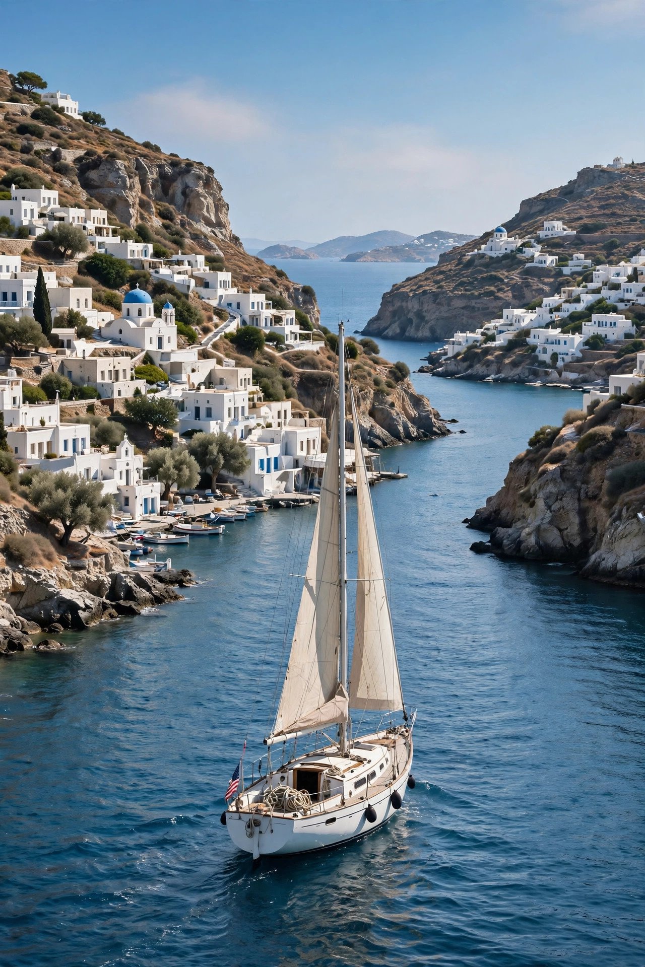 Sailboat between Greek islands with white villages