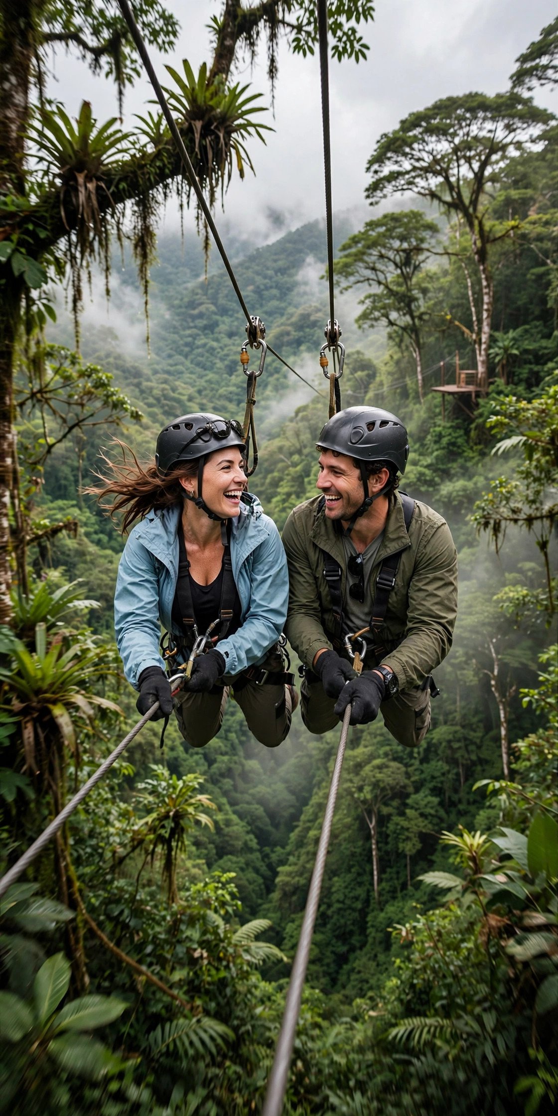 Couple ziplining through Costa Rica rainforest