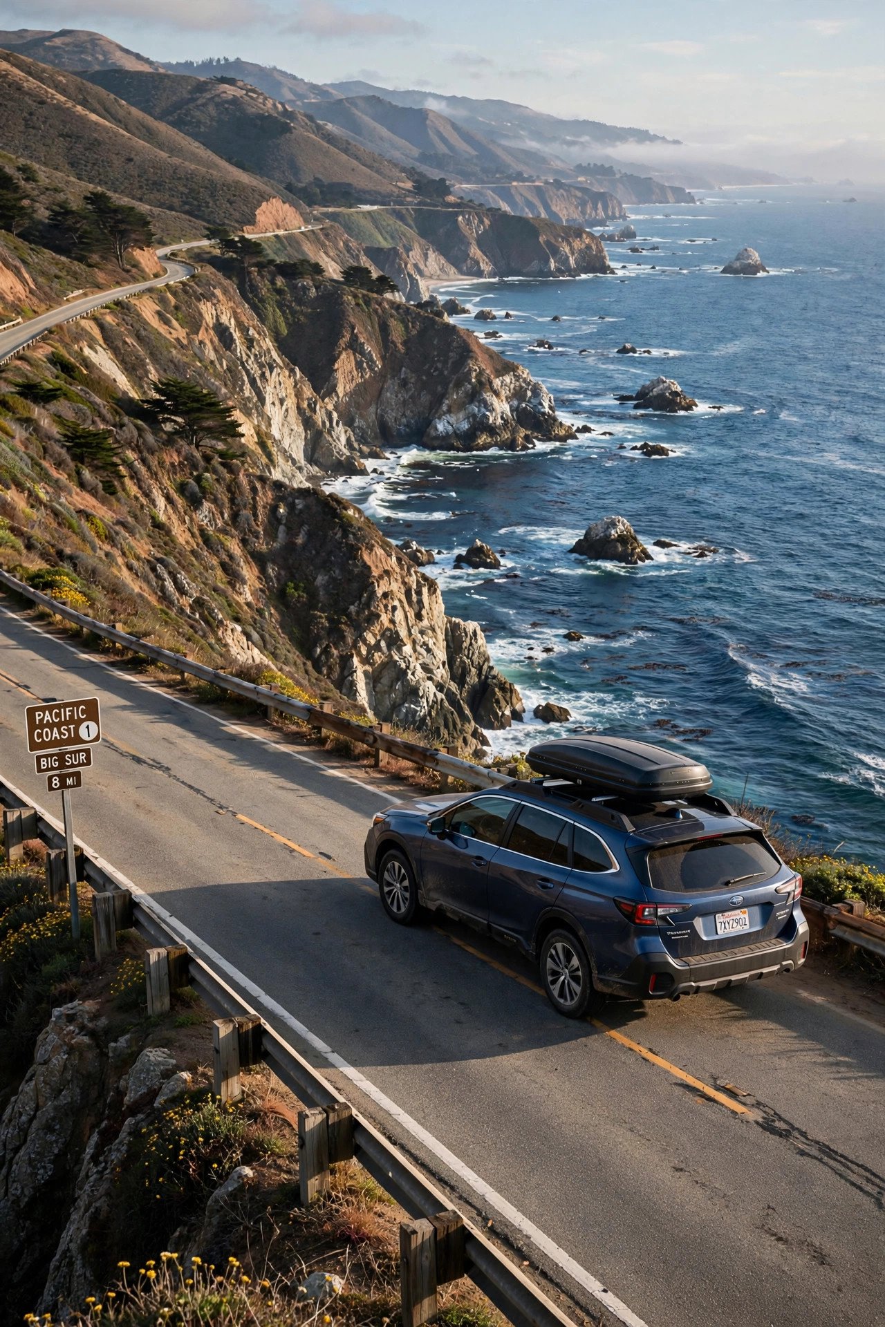 Car on the Pacific Coast Highway above Big Sur cliffs