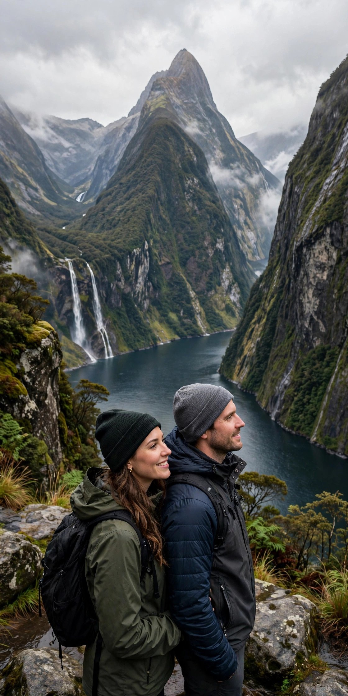 Couple at Milford Sound with dramatic cliffs