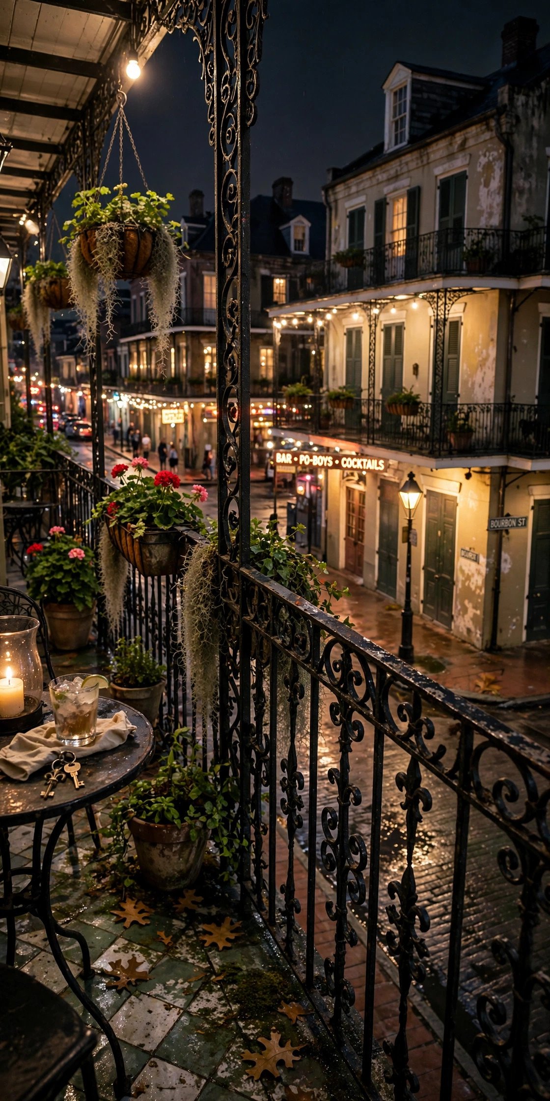 French Quarter balcony in New Orleans at night