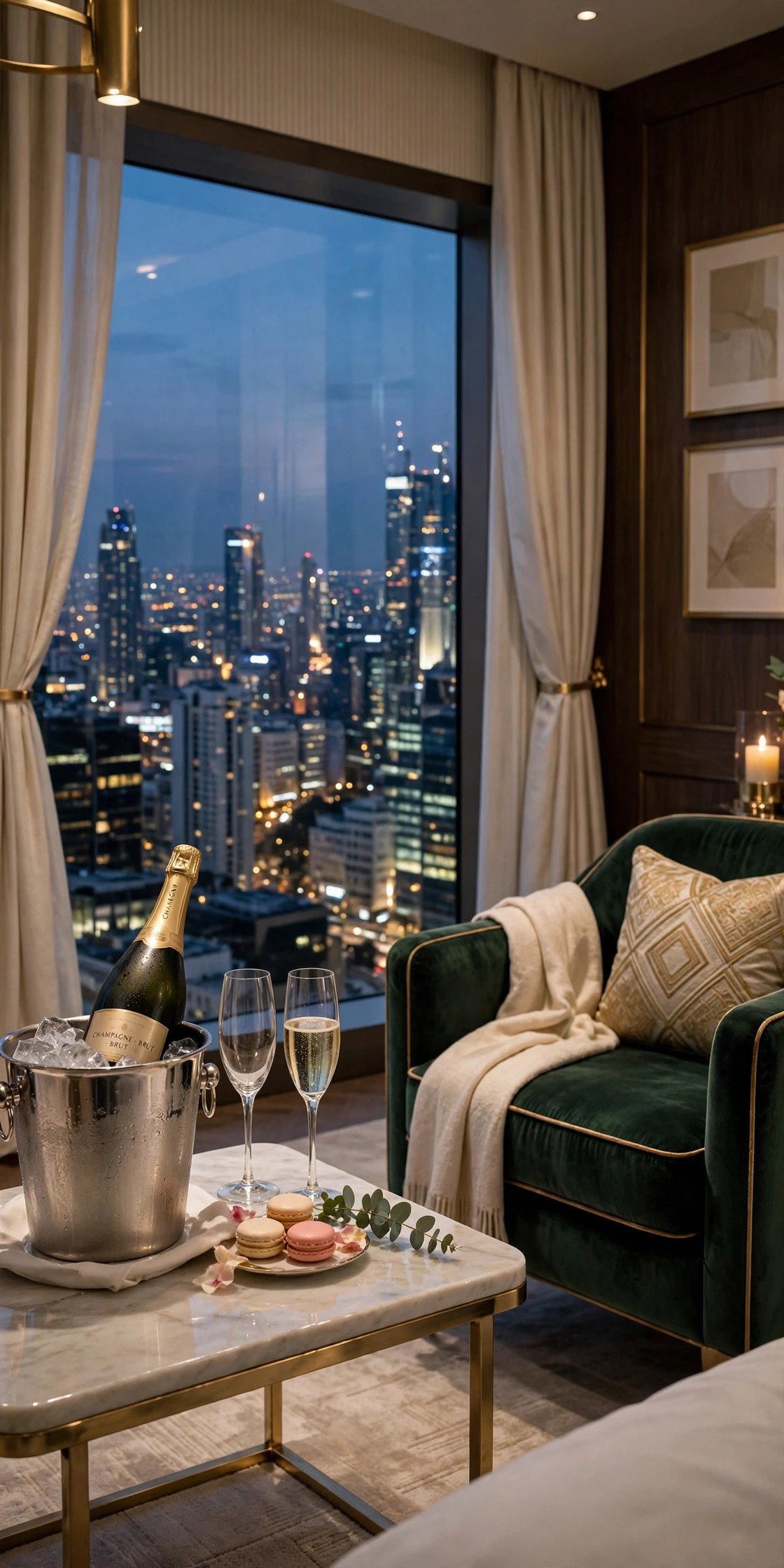 Luxury hotel suite with champagne and city view