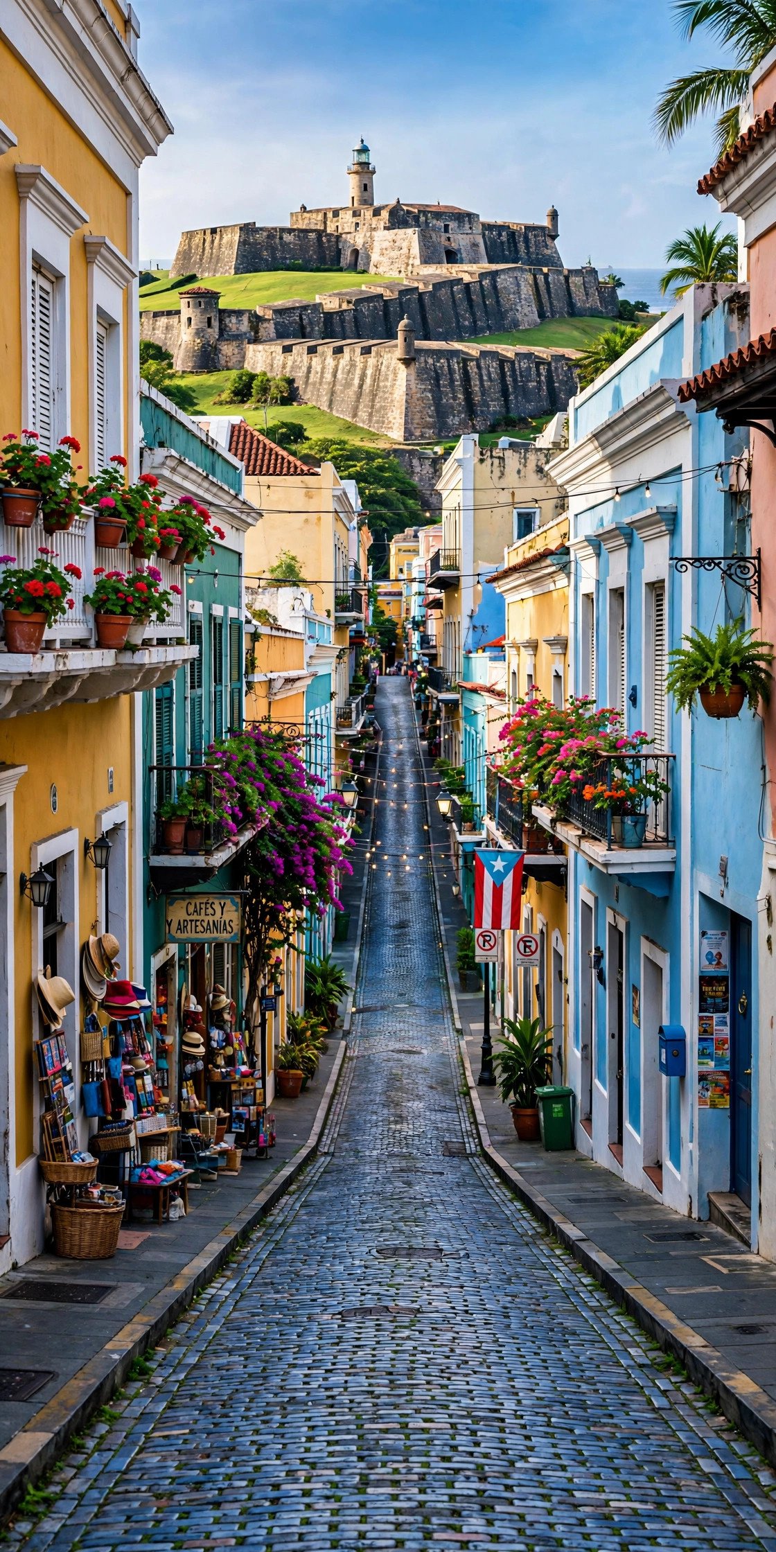 Colorful Old San Juan street with fort