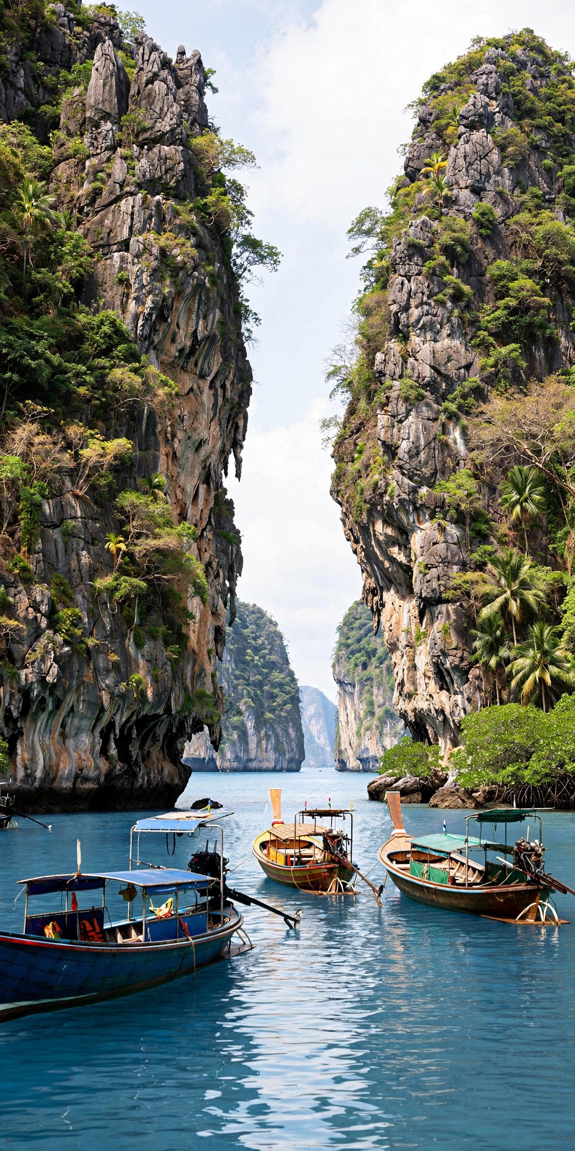 Limestone cliffs and longtail boats in Phuket