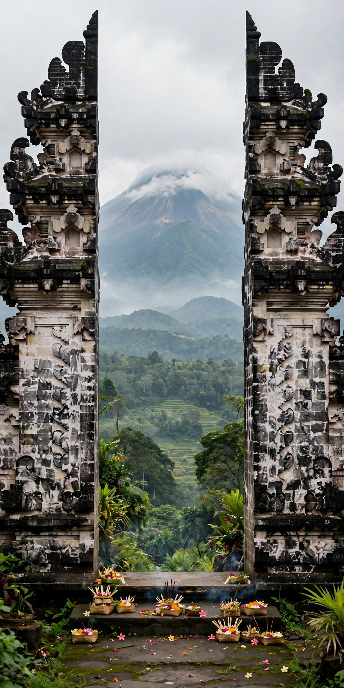 Bali temple gate with volcano view
