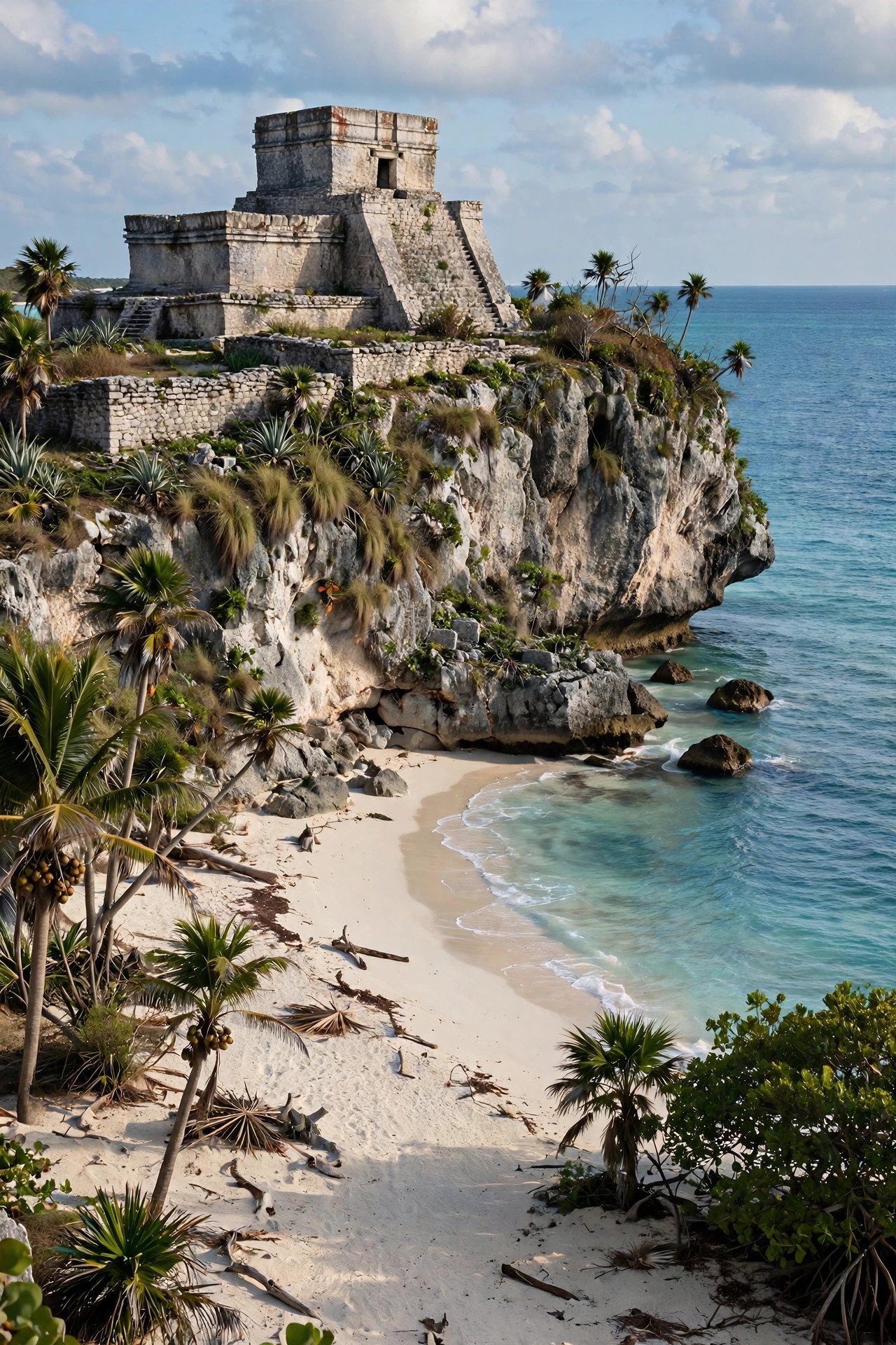 Tulum beach with Mayan ruins on cliff