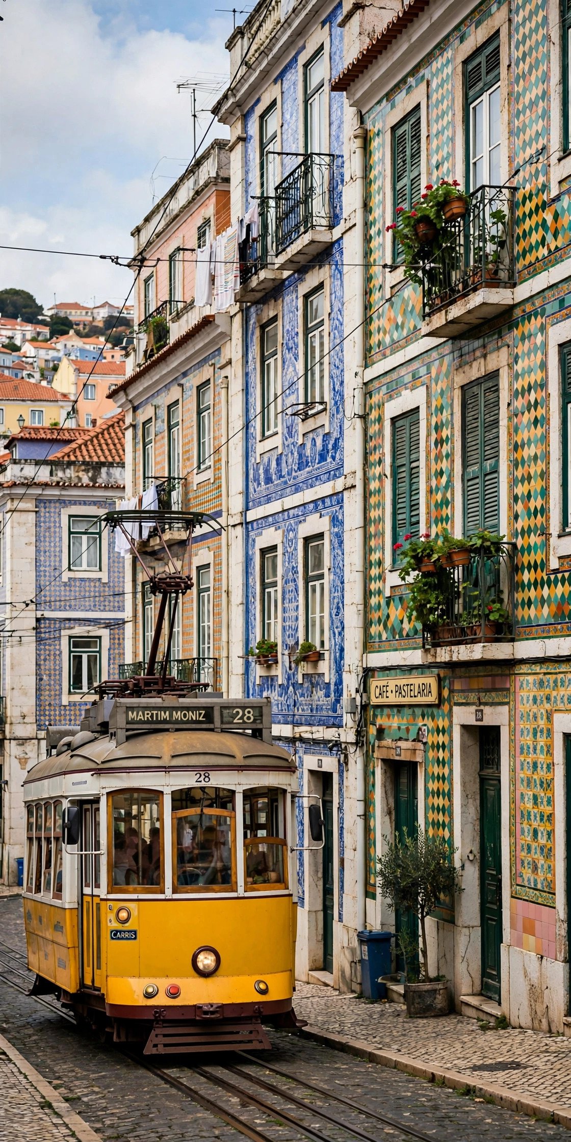 Lisbon tram and colorful tiled buildings